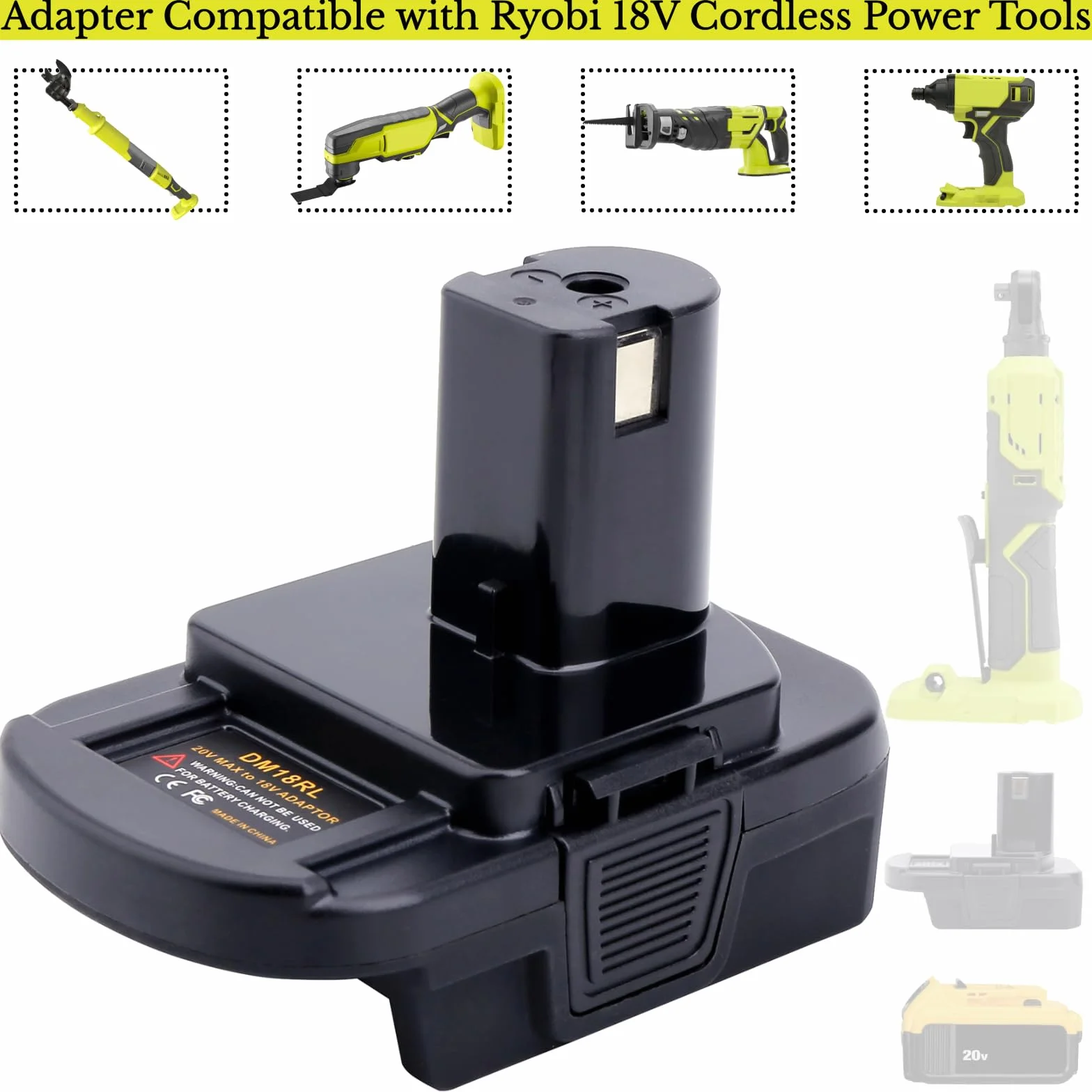 Tulepowceeng Adapter akumulatorowy kompatybilny z narzędziami Ryobi 18 V ONE+, kompatybilny z Dewalt 20 V i kompatybilny z baterią litową Milwaukee M18 18 V w celu wymiany baterii Ryobi 18 V