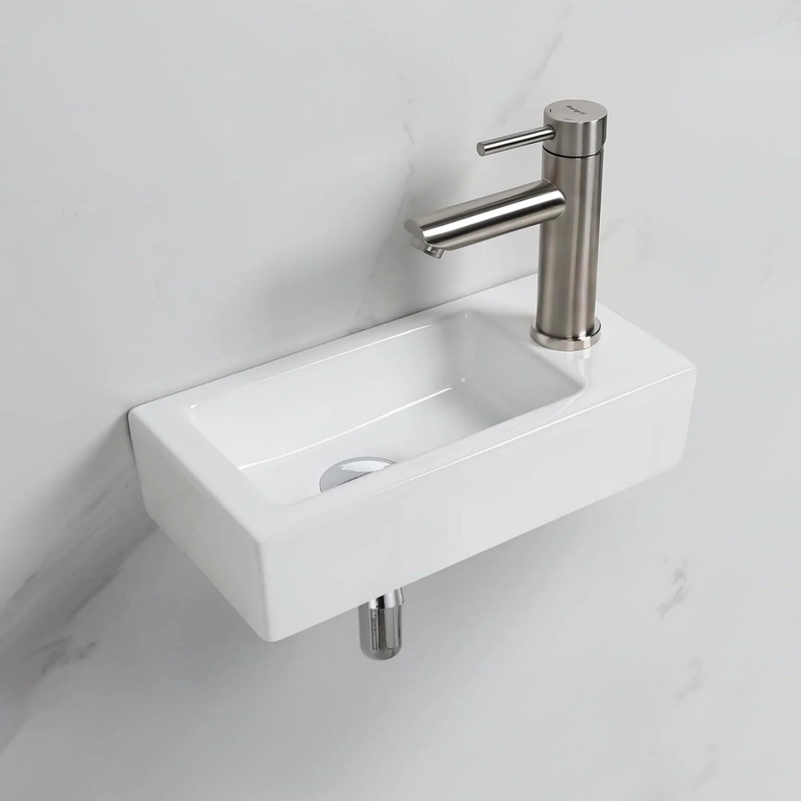 Ibergrif, M41102-R Prostokątny zlew ceramiczny z 1 otworem na kran, umywalka z prawej ręki montowana na ścianie, Mały rozmiar: 376 × 188 × 93 mm, Biały