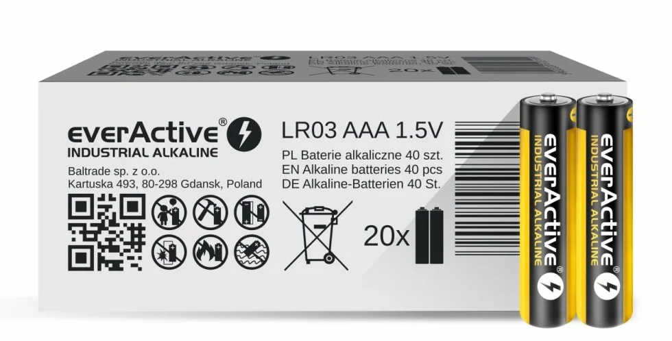 everActive Baterie AAA, 40 sztuk, przemysłowe baterie alkaliczne, Micro LR03 R03 1,5 V, 5 lat trwałości, 40 sztuk