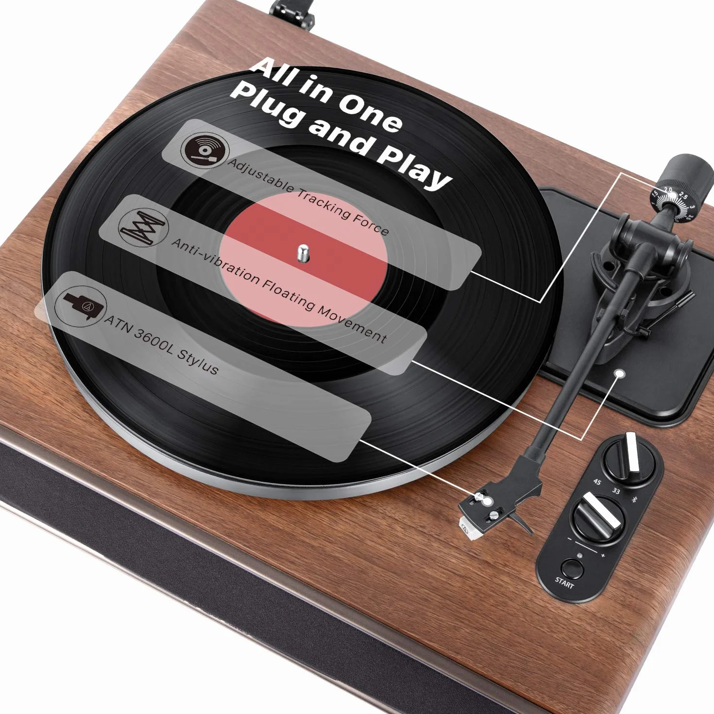Gramofon ONE z wbudowanymi głośnikami Bluetooth 33/45 obr./min napęd pasowy MM Record Player
