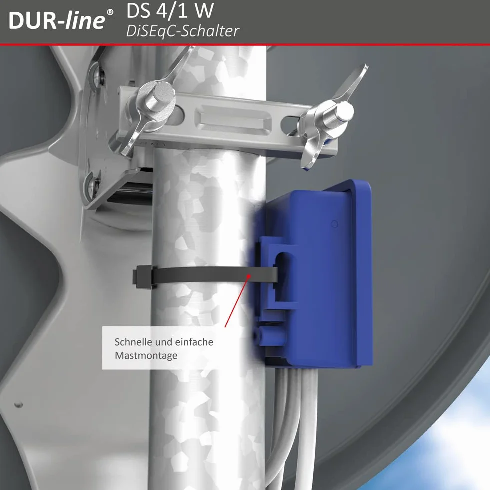 DUR-line Przełącznik DiseqC 4/1 - w obudowie chroniącej przed warunkami atmosferycznymi do odbioru 4 satelitów dla 1 uczestnika - Przełącznik sygnału LNB do odbiornika satelitarnego - do instalacji