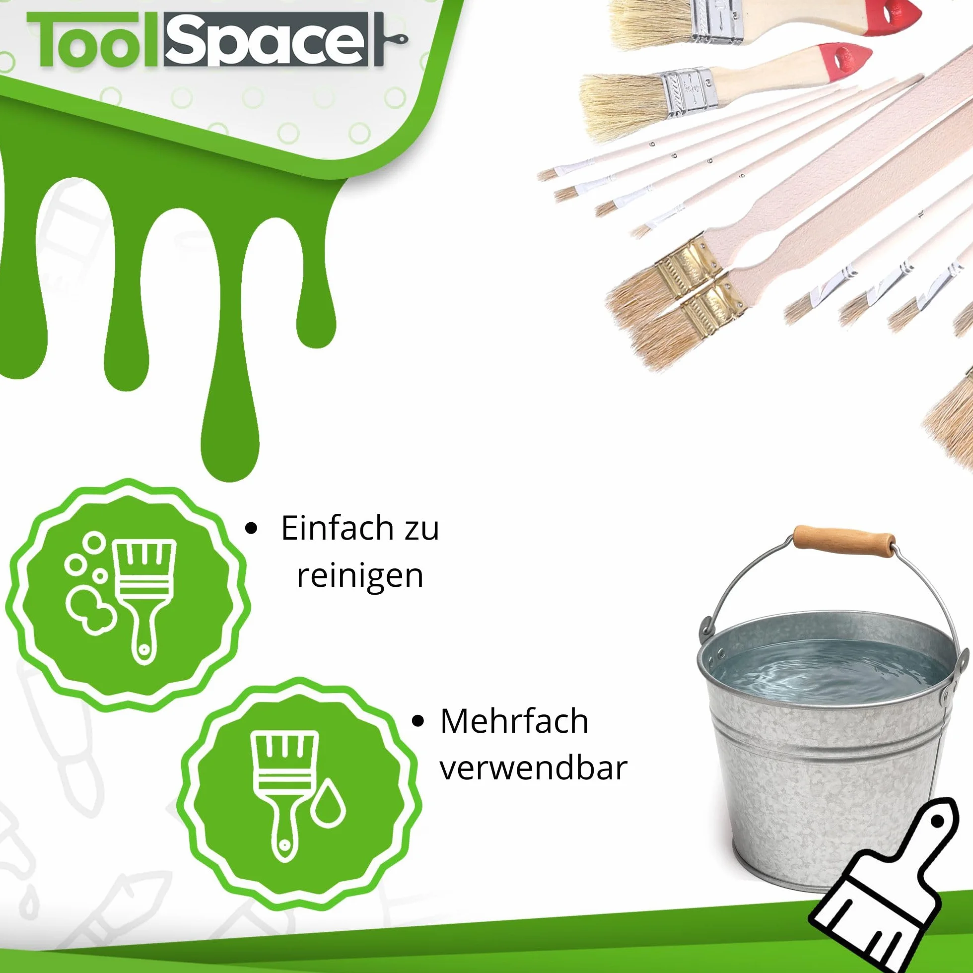 ToolSpace Zestaw 5 pędzli okrągłych - 30/35/40/45/50 mm - naturalne włosie - drewniana rączka - pędzle do malowania ścian i mebli - farby akrylowe, oleiste, DIY - majsterkowanie w domu