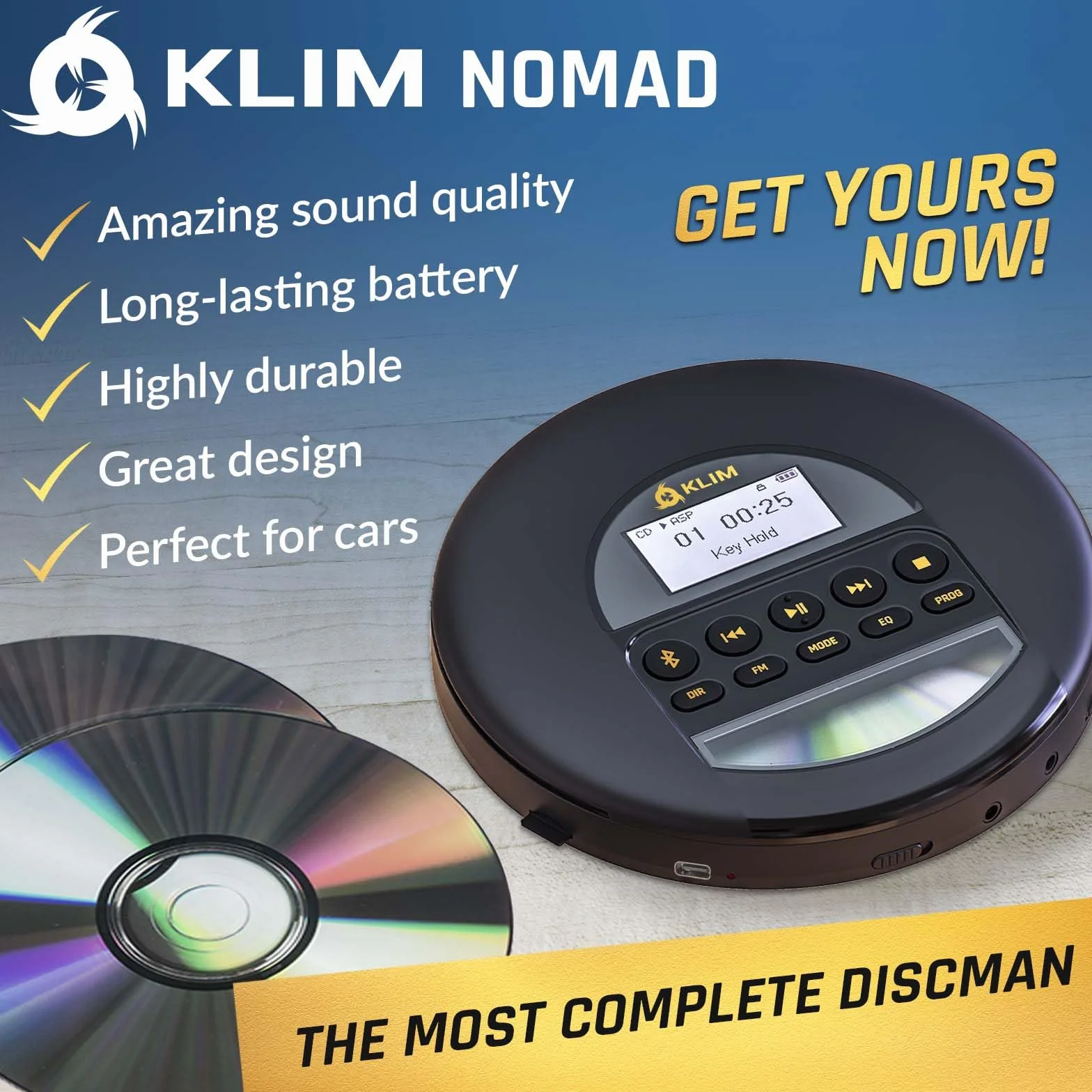KLIM Nomad Przenośny odtwarzacz CD z Bluetooth, radio FM, MP3, słuchawki, złoty