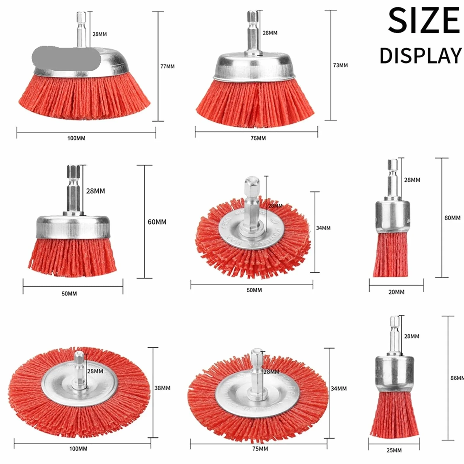 Nasadki szczotkowe do wiertarek, Szczotka druciana garnkowa, materiał ścierny z czerwonego nylonu, 20-100 mm, trzpień 1/4, stal węglowa(8Pc mix)