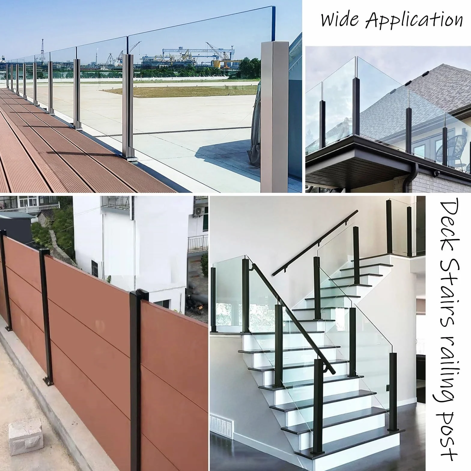 Bezramowy system szklanych balustrad na schody i pokłady, wytrzymały, bez dziurkowania, panel z gniazdami na czopy i podstawą, srebrny słupek środkowy, 140 cm, idealny na balkony i patio