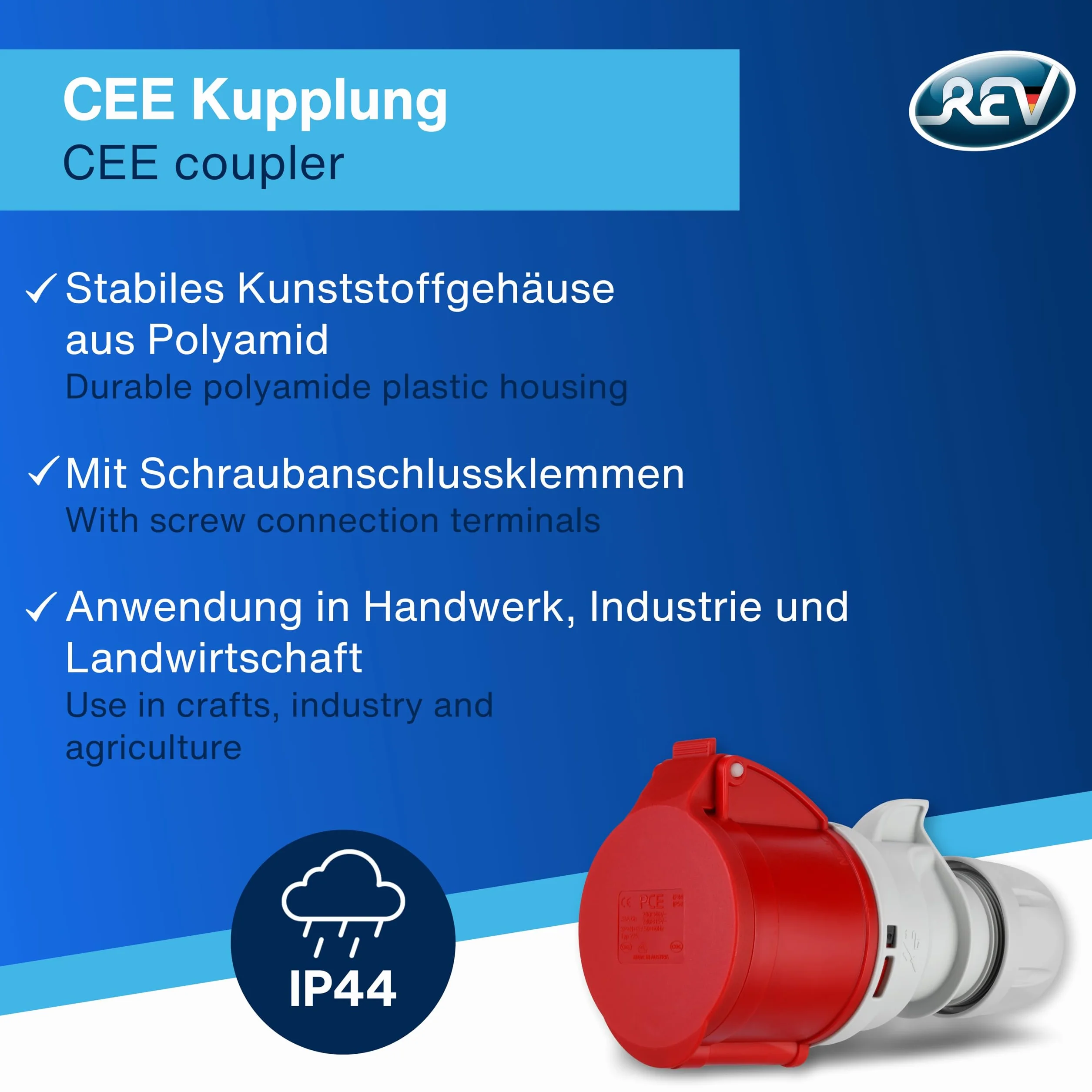 REV Sprzęgło CEE, 5-biegunowe (3Ph+N+PE) IP44, 400 V 32 A, czerwone