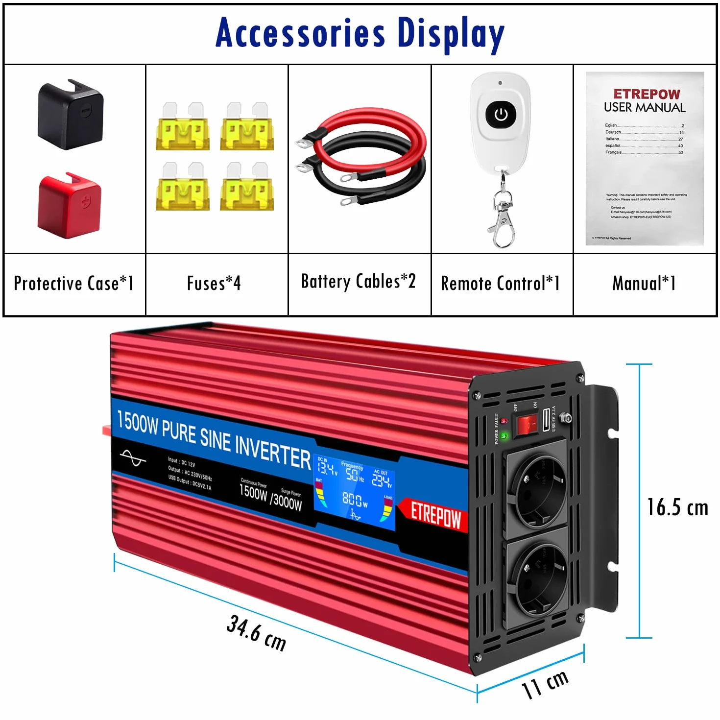 1500W Przetwornica 12v 230v Czysty Sinus z 2 gniazdami EU i bezprzewodowym pilotem, ekranem LCD, Falownikiem Nadaje się do użytku na zewnątrz, w domu, na kempingu, w kamperze