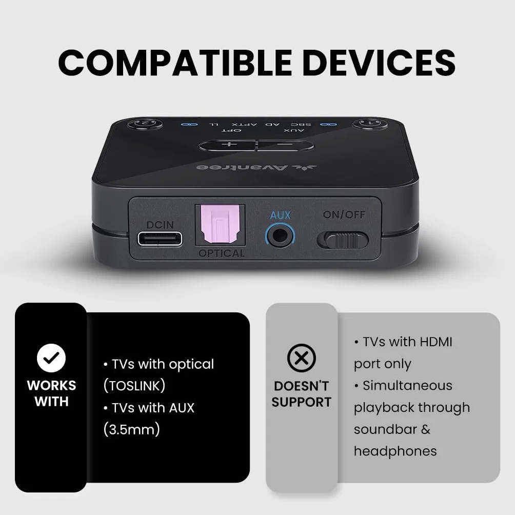 Avantree Audikast 3 transmiter Bluetooth 5.3 do TV aptX Adaptive dwa słuchawki zasięg 30 m