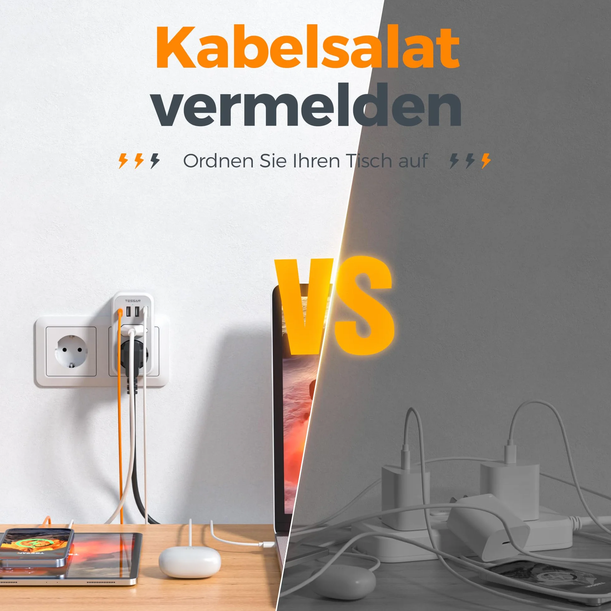 TESSAN Podwójna Wtyczka do Gniazda, Gniazdo Wielokrotne Gniazdo USB C, Adapter Gniazda 2 Drożny z 4 Wtyczkami Zasilającymi USB, Wielopunktowa Wtyczka do Gniazda i Adapter USB C, Szary