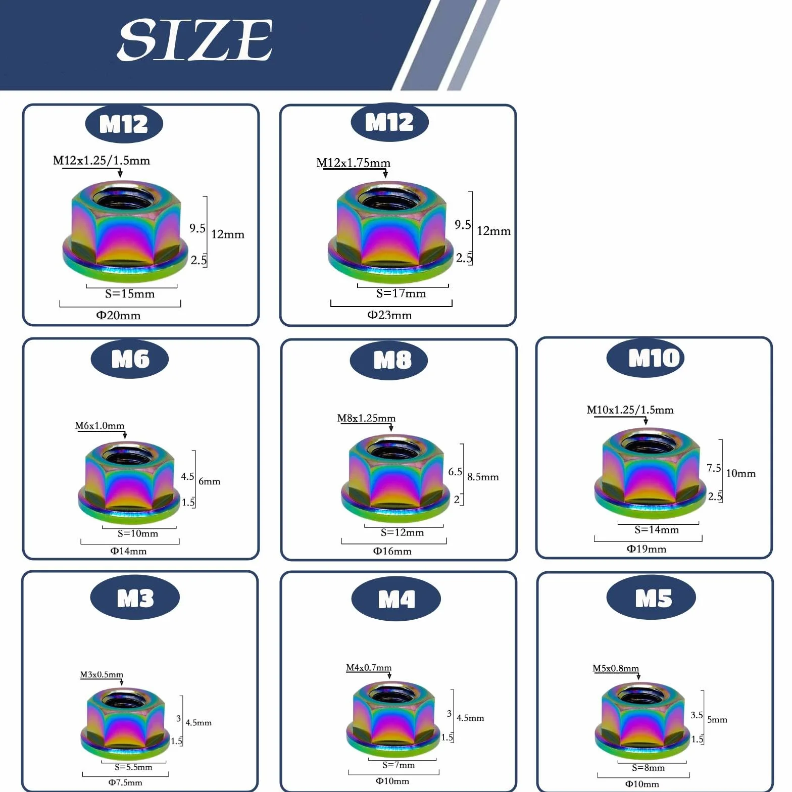 RISON tytanowa nakrętka kołnierzowa M12 x 1,75 mm, tytanowa nakrętka zębata, opalizująca, 6AL4 V, tytanowa nakrętka kołnierzowa do motocykla, 5 sztuk