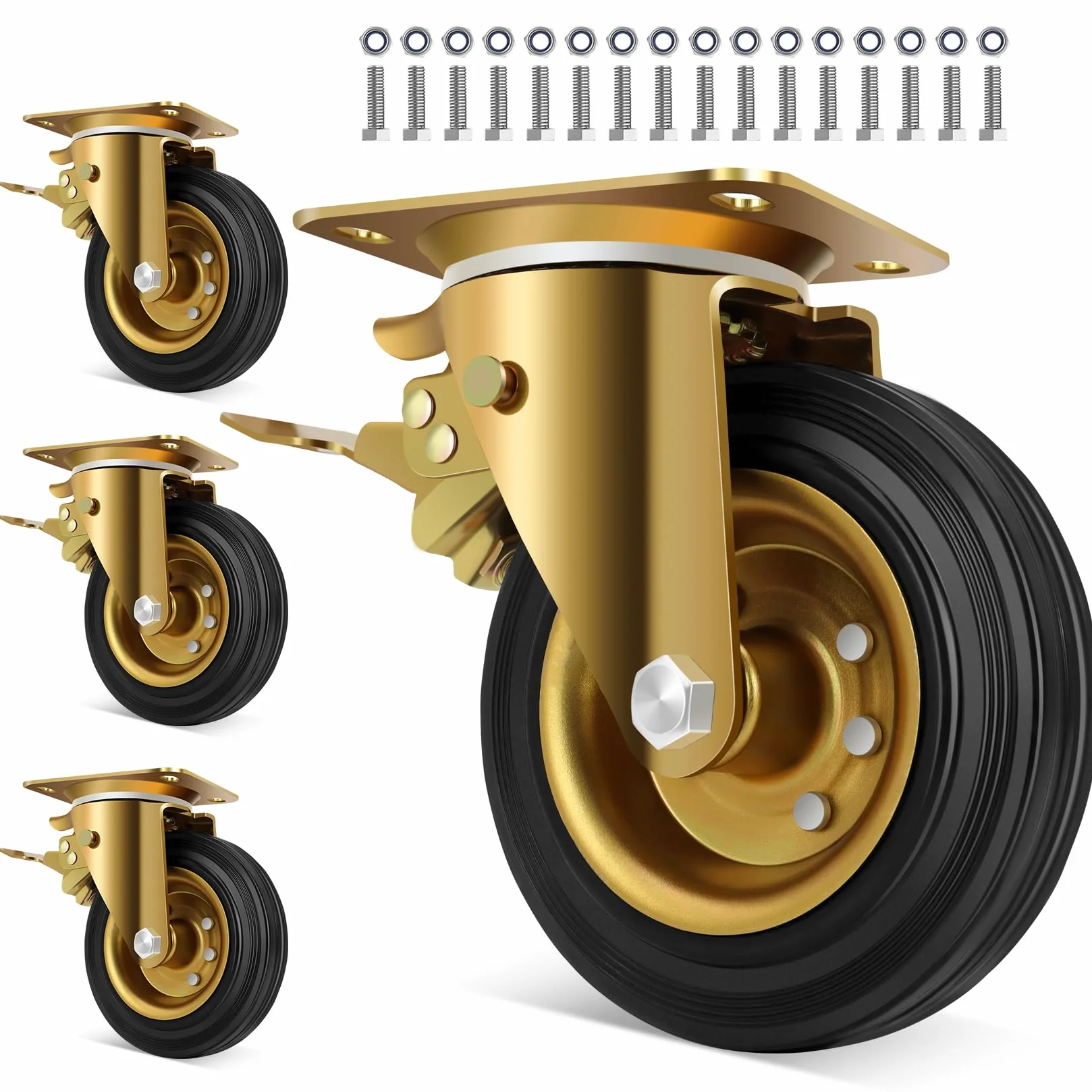 Zestaw 4 wytrzymałych kółek zewnętrznych WBD 6 cali, gumowe koła przemysłowe o udźwigu 2600 funtów do wózków meblowych i stołów warsztatowych, kółka z podwójną blokadą (4 hamulce, klucz)