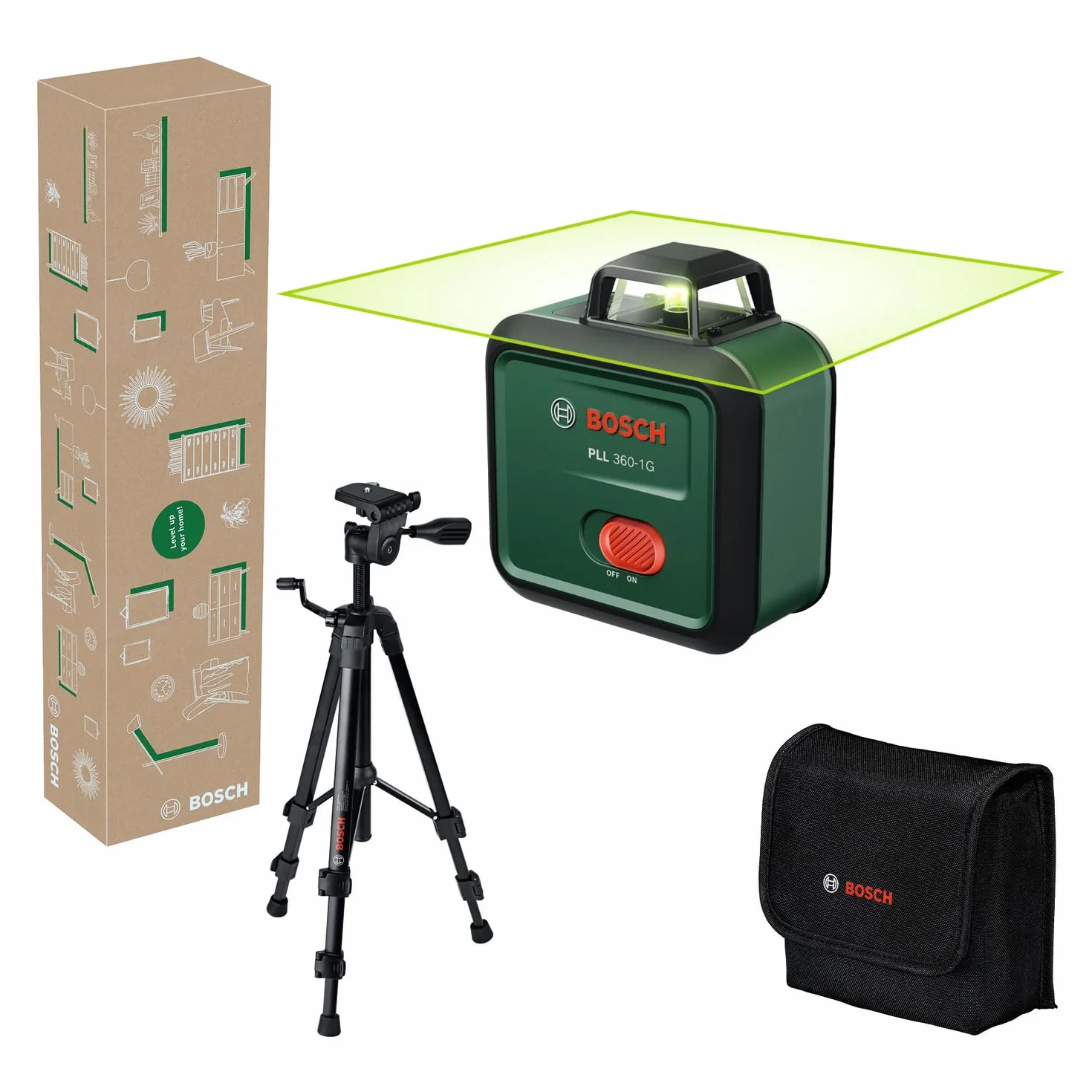 Bosch Laser płaszczyznowy PLL 360-1G (zielona wiązka laserowa 360°, funkcja samopoziomowania, dokładność ±0,4 mm/m, zintegrowany akumulator Li-ion, USB-C®, opakowanie kartonowe E-Commerce)