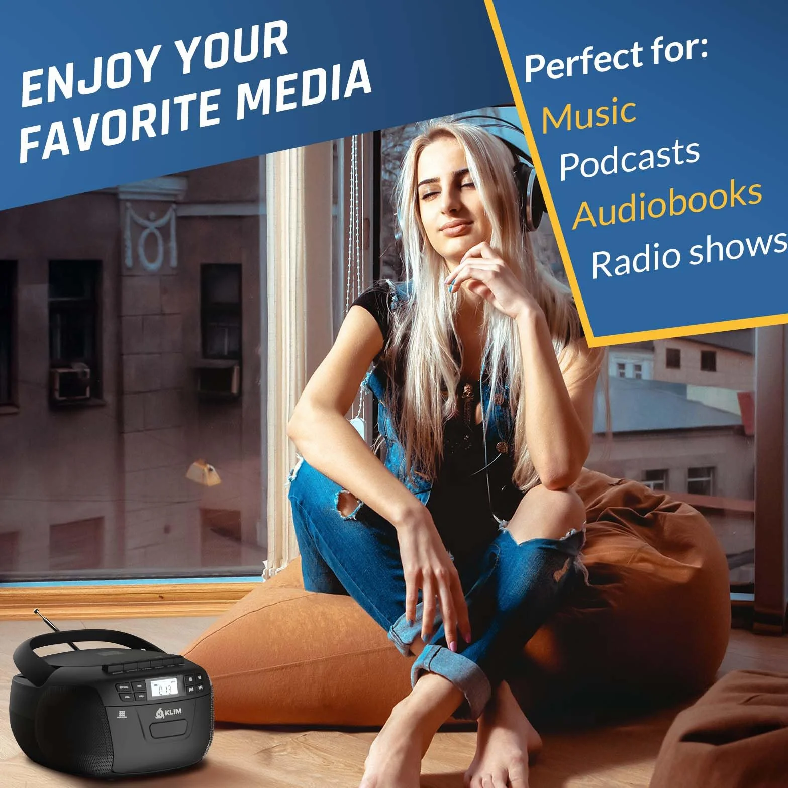 KLIM Odtwarzacz CD + odtwarzacz kasetowy audio, radio AM/FM, radio Bluetooth, odtwarzacz CD stereo, pilot zdalnego sterowania, nagrywanie na taśmie, dysk USB, AUX, radio stereo, dom, zasilanie AC/DC