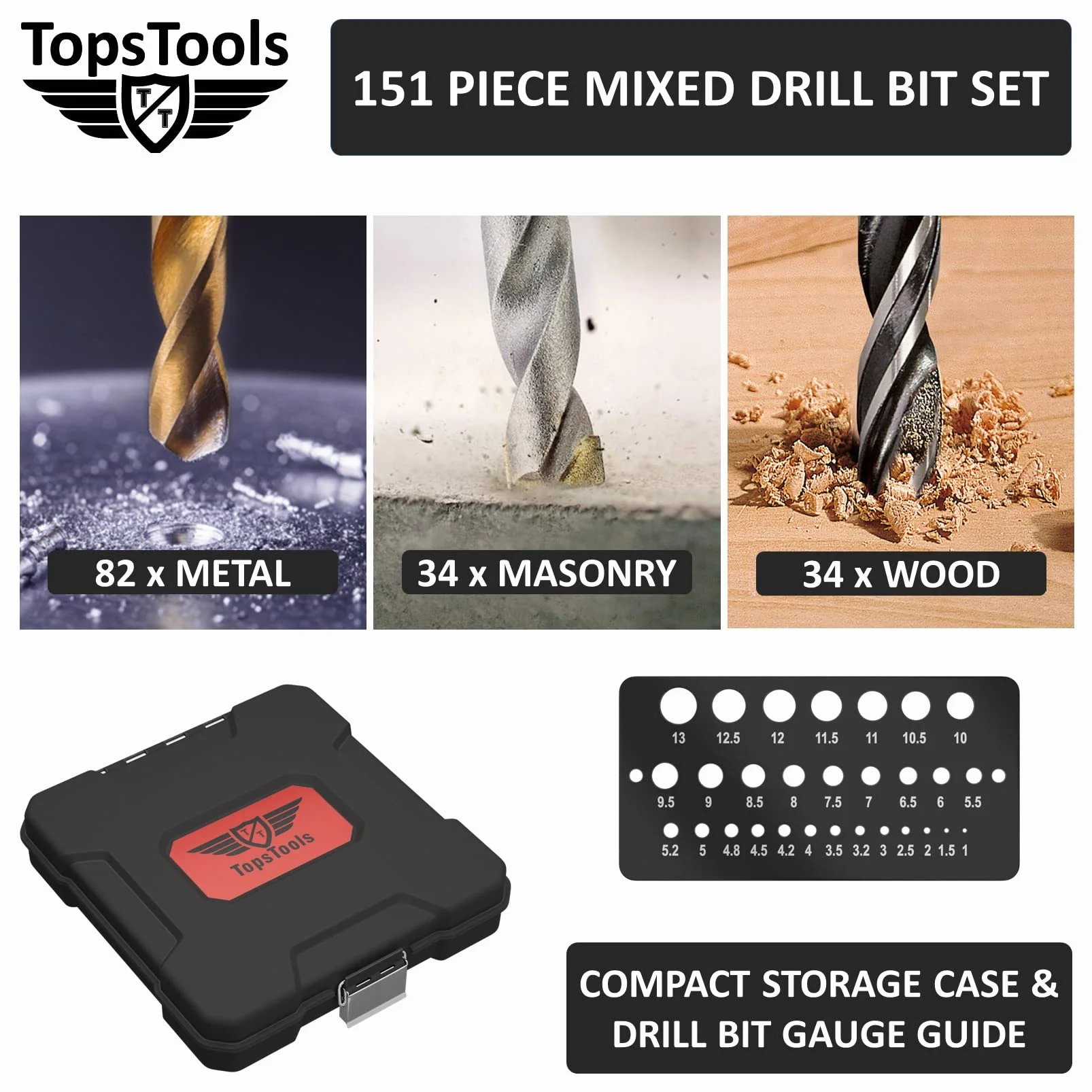 TopsTools 151pcs TT151TW 1mm 10mm Drewno Beton Cegła Wiertła Trwały | Mixed HSS, carbide masonry i brad-point drewno bits zapewniają trwały wiercenie across metal, masonry, drewno i plastiku