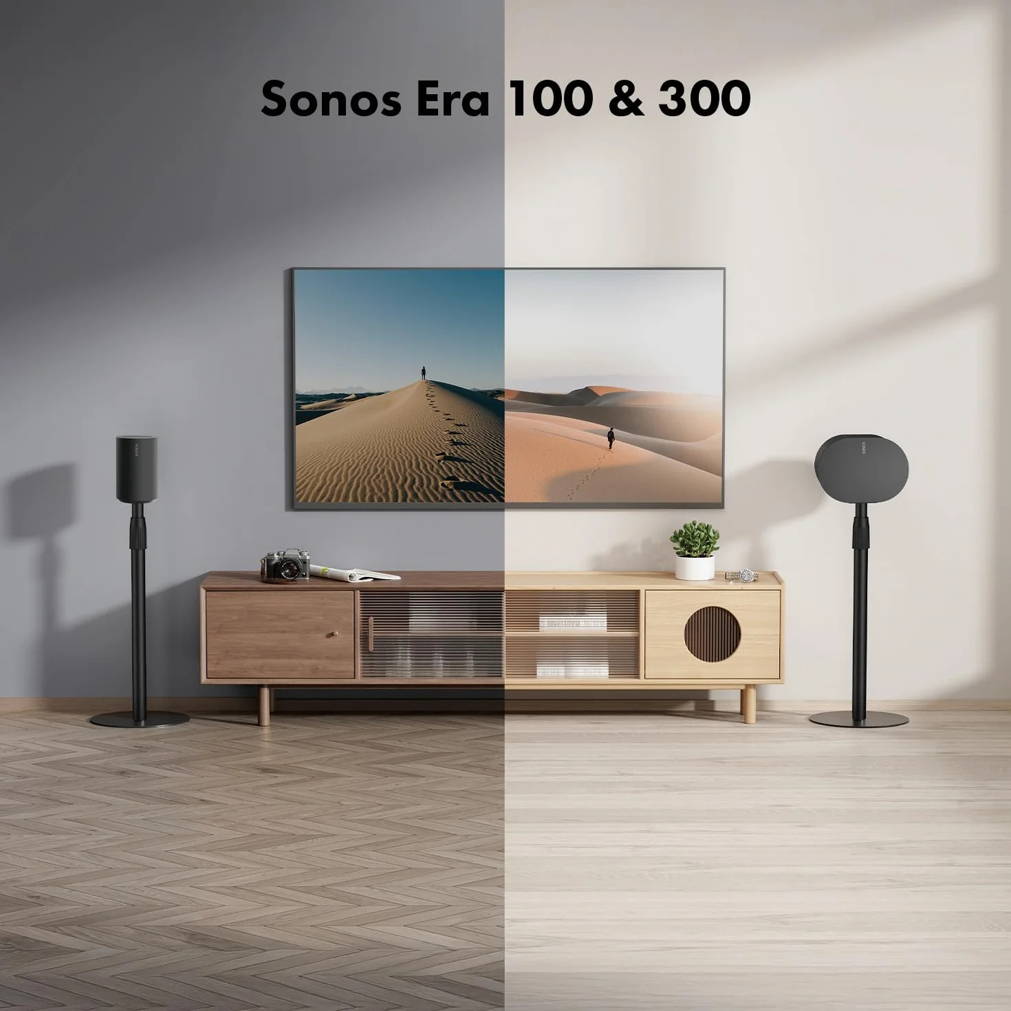 Maclean MC-496 Statyw podłogowy do Sonos Era 100 i 300 | Regulacja 682-1068 mm | Zarządzanie kablami i stabilna podstawa | Zestaw 2 czarnych statywów