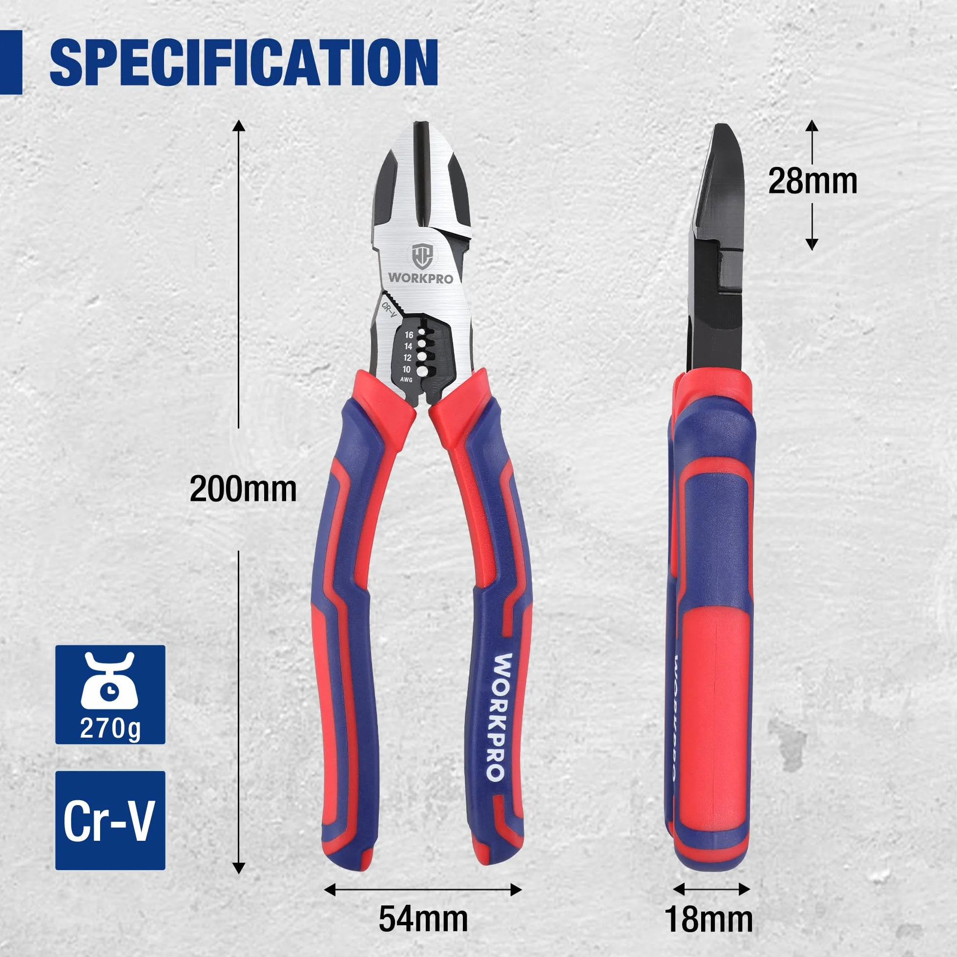 WORKPRO Szczypce tnące ukośne ze ściągaczem drutu, 200 mm wytrzymałe nożyce do drutu Cr-V, wielofunkcyjne nożyce boczne o dużej dźwigni, szczypce przemysłowe