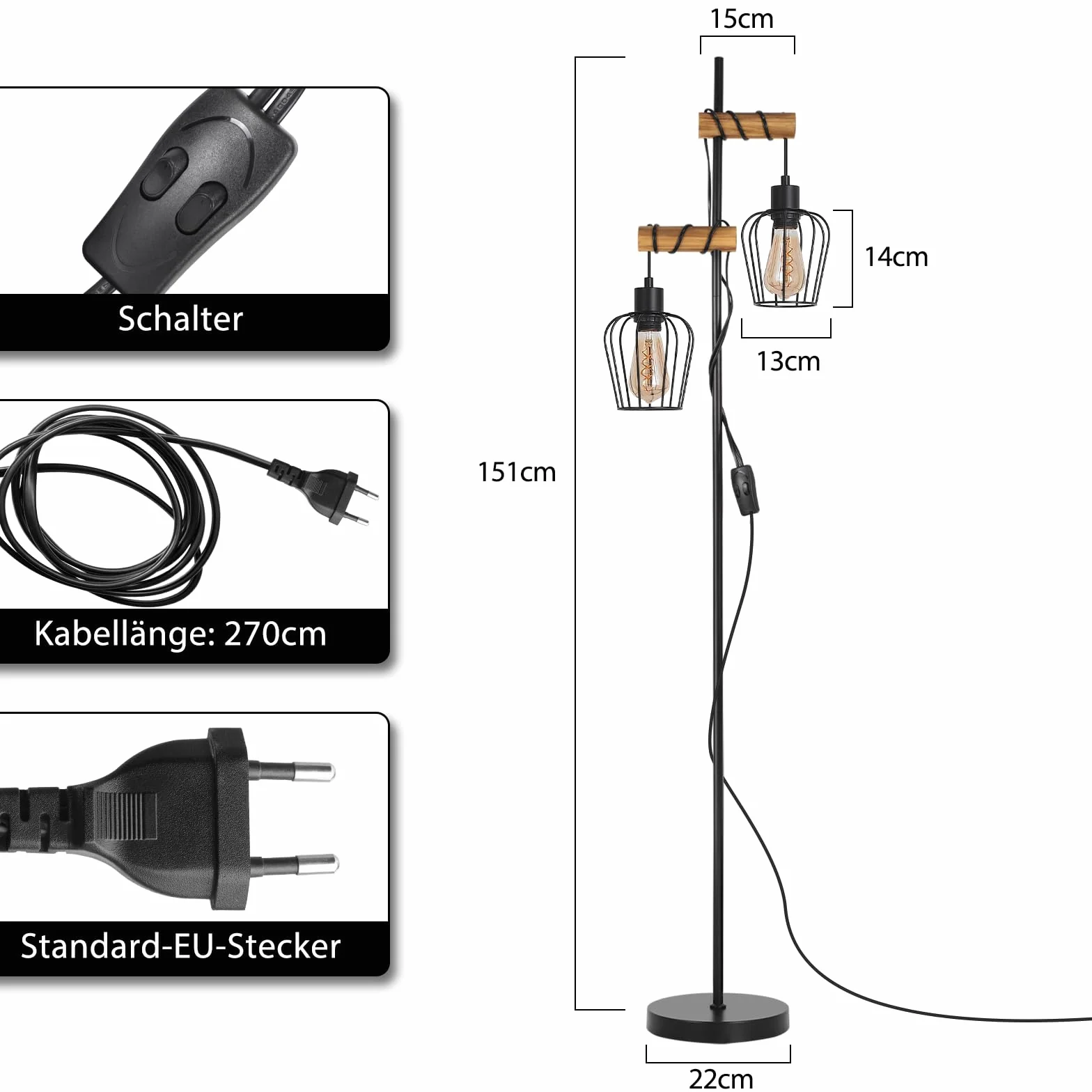 ZMH Lampa podłogowa do salonu z drewna, czarna stojąca lampa - Vintage lampa do salonu stojąca w stylu industrialnym, metalowa lampa stojąca, 2-płomienna, gwint E27, 151cm lampa stojąca do sypialni