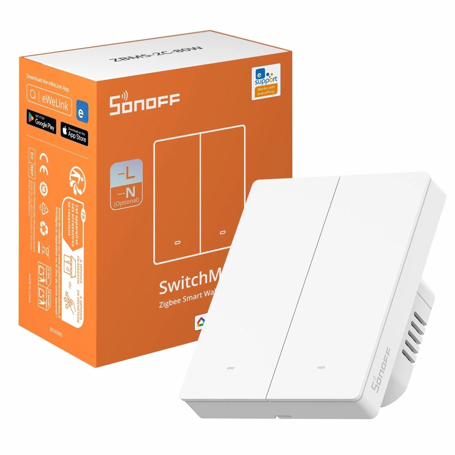 SONOFF Smart Light Switch, Wymaga SONOFF Zigbee Hub, Smart Switch, Bez Zera lub z Zerem, APP Remote Control, Zigbee Switch ZBM5 80-Type, 2-klawiszowy