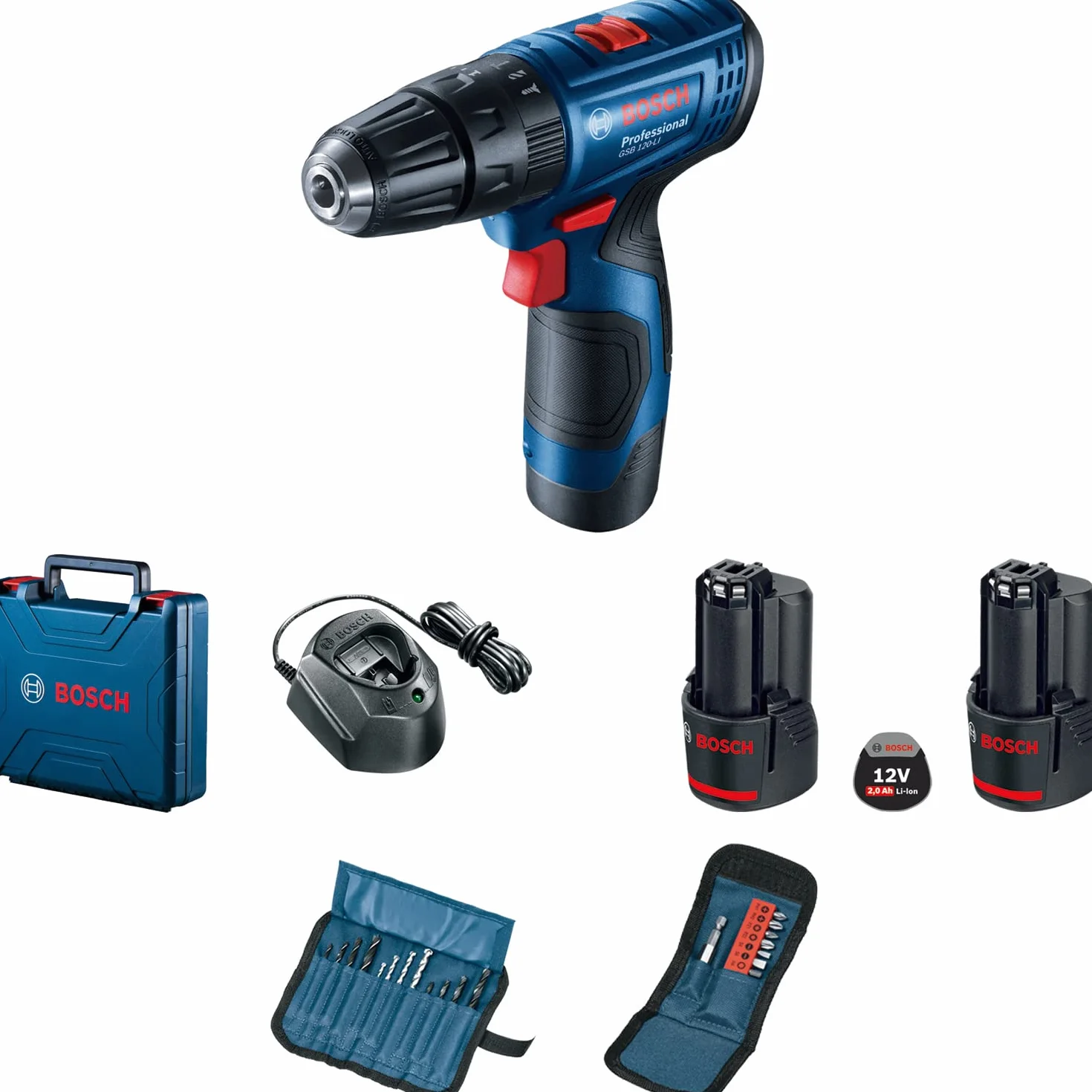 Bosch Professional system 12V: akumulatorowa wiertarko-wkrętarka udarowa GSB 120-LI (2 akumulatory GBA 12V 2.0Ah, ładowarka GAL 1210 CV, 23-częściowy zestaw wierteł i końcówek, walizka)