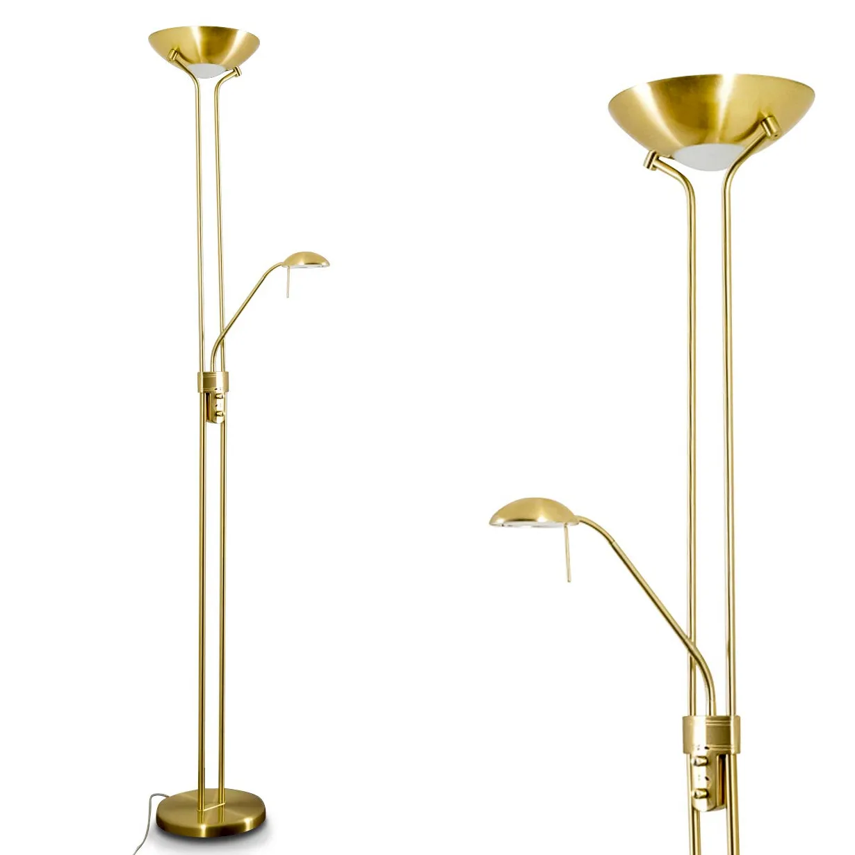Lampa stojąca LED Rom z metalu w kolorze mosiądzu, przyciemniana lampa stojąca, ściemniacz obrotowy na obudowie, 1 x 18 W, 1600 lumenów i 1 x 5 W, 480 lumenów, 3000 kelwinów (ciepła biel), reflektor s