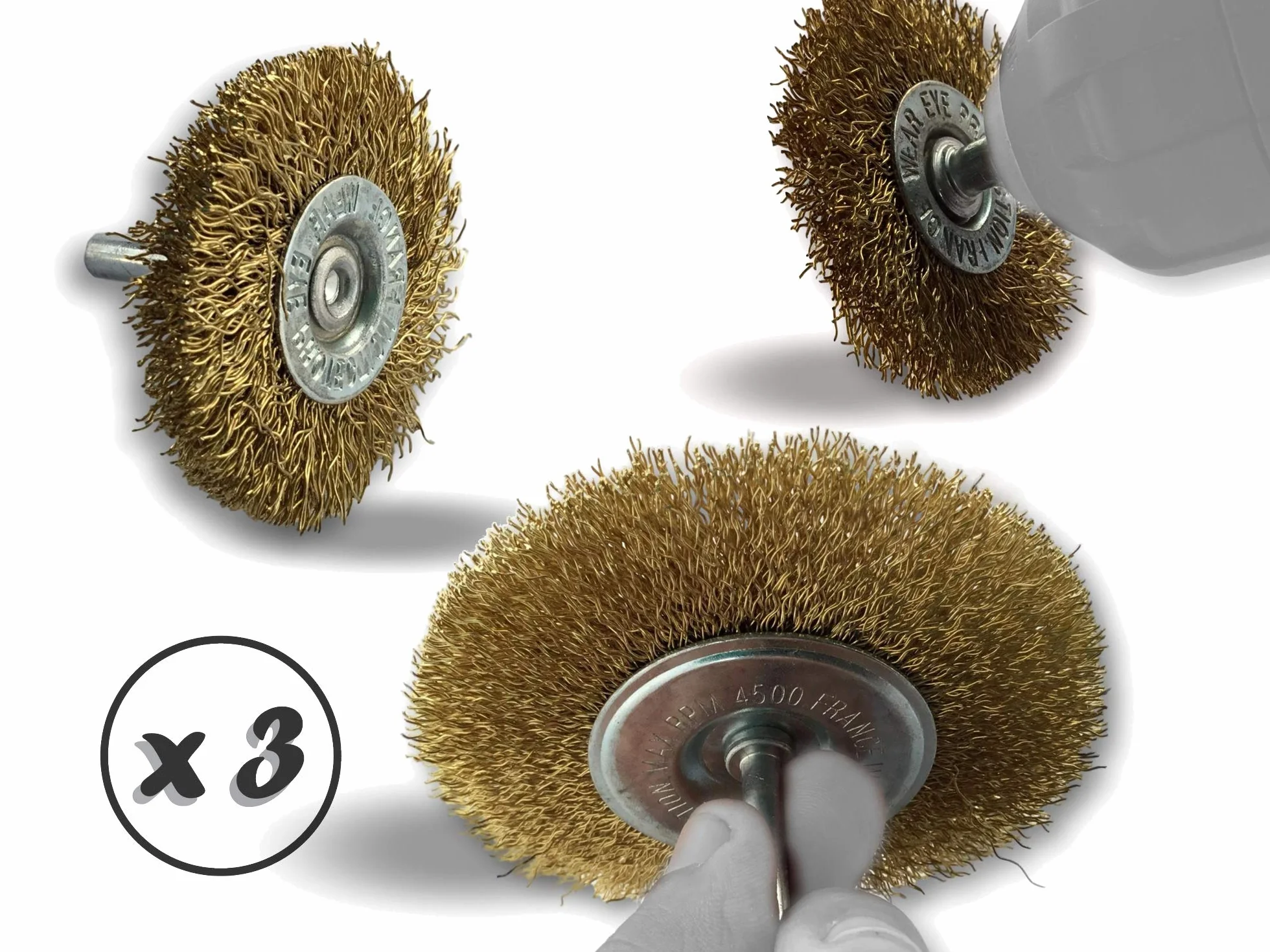 Zestaw 3 metalowych okrągłych szczotek obrotowych Ø 50-75-100 mm | Zestaw 3 | Na pręcie Ø 6 mm | Sznurek mosiężnych Ø 0,20 mm | Do wiertarki lub wkrętarki do uchwytu | Kibros 26xxLV8x3divx3