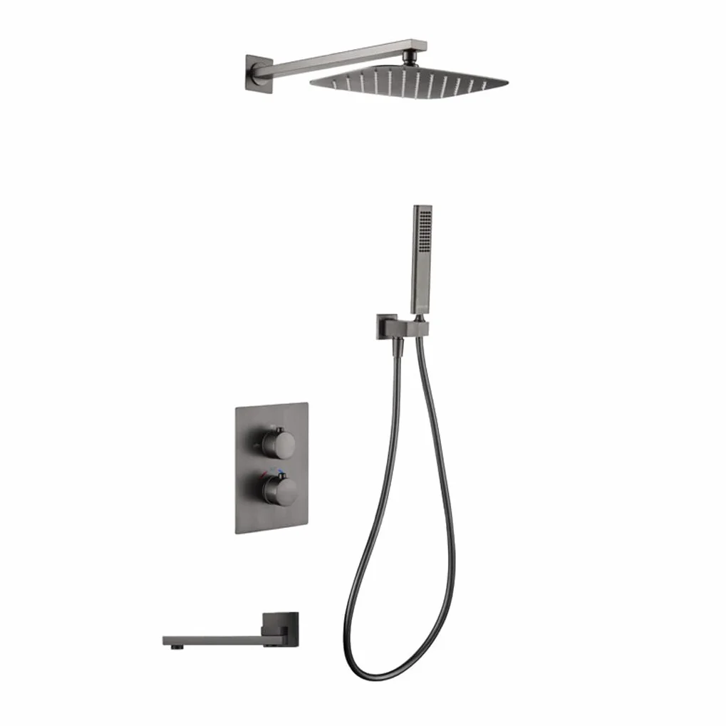 System prysznicowy, montowana na ścianie, szara, termostatyczna bateria mieszająca deszczownicę, zestaw z deszczownicą 20 x 20 cm i słuchawką prysznicową, luksusowy zestaw prysznicowy, B