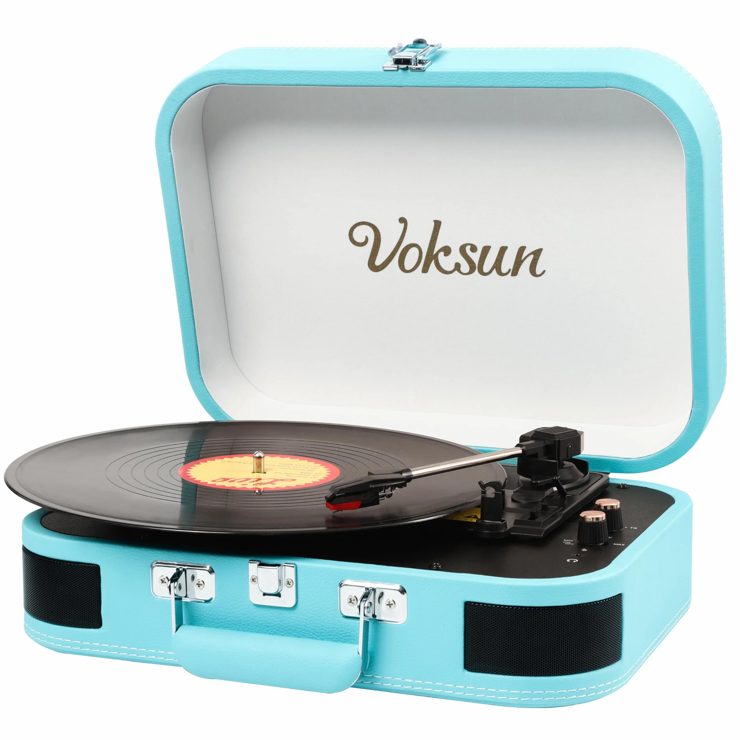 VOKSUN Przenośny Gramofon Vintage Bluetooth 3 Prędkości USB AUX RCA Niebieski
