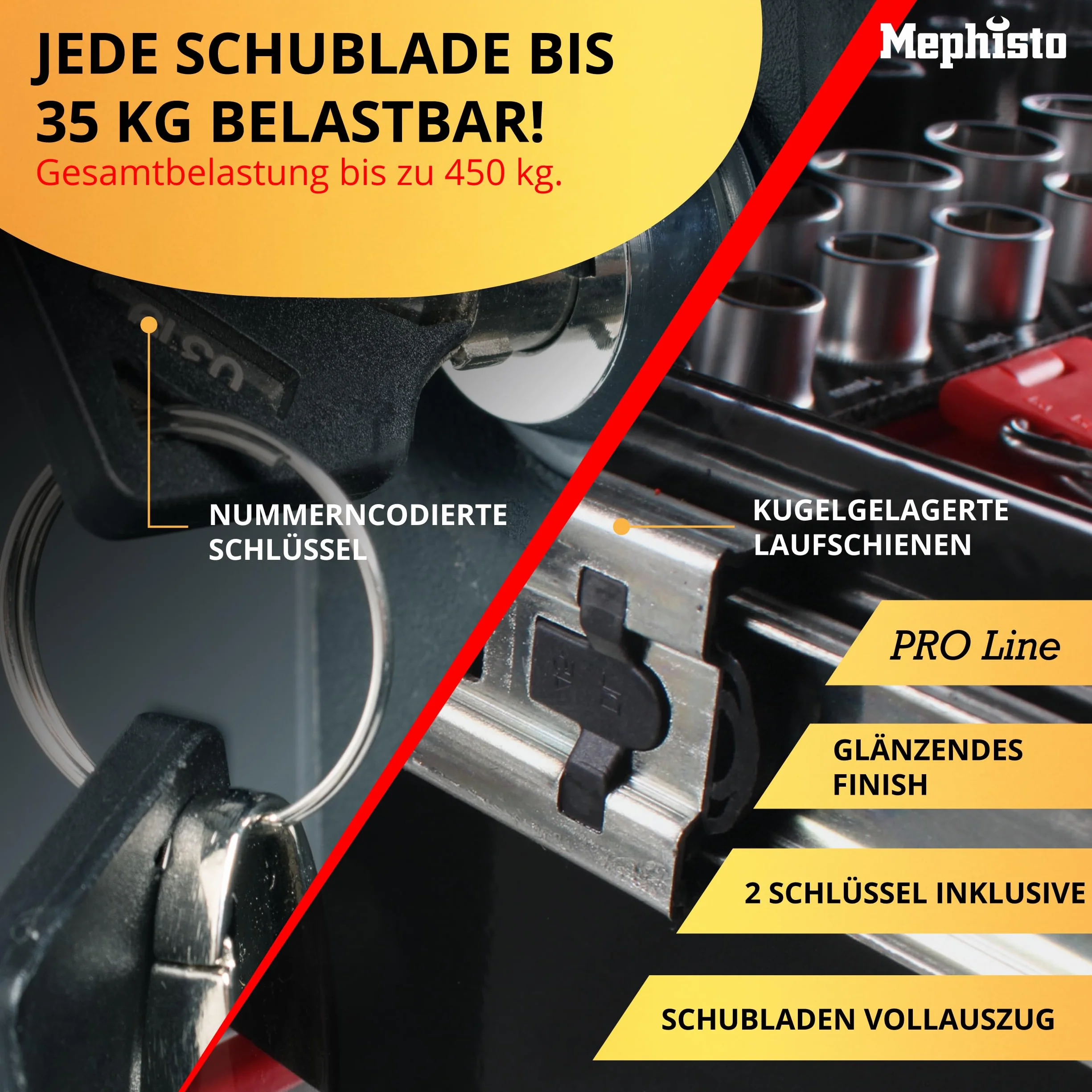 Mephisto Pro-Line duży wózek warsztatowy z 12 szufladami, w tym 11 w zestawie narzędzia takie jak śrubokręt VDE, grzechotka z skrzynką na orzechy, zestaw wkrętaków z miękką wkładką z włókna węglowego