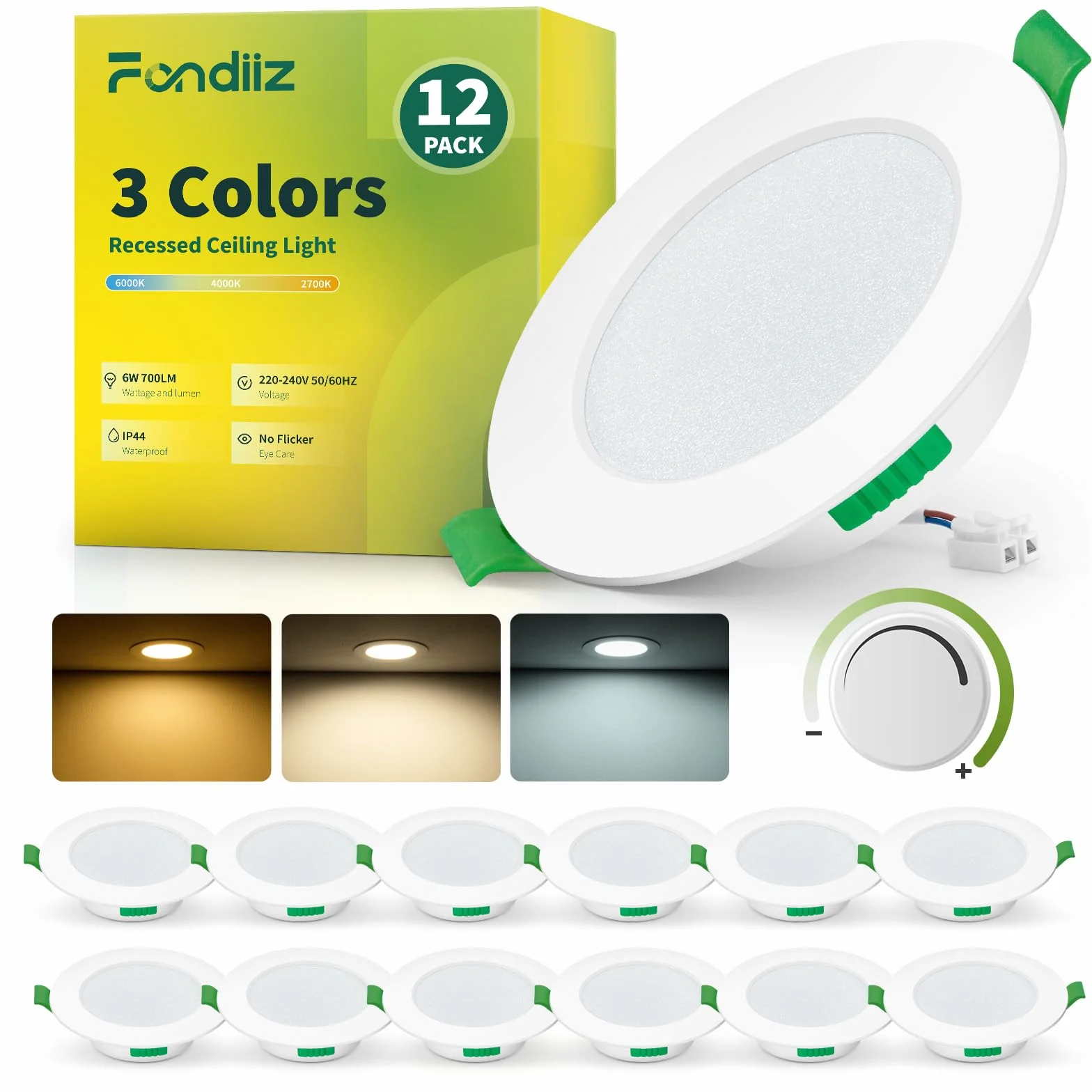 Fondiiz Zestaw 12 wpuszczanych reflektorów LED z możliwością ściemniania, 6 W, 700 lm, bardzo płaska, ciepła biel 2700 K, neutralna biel, 4000 K, zimna biel, 6000 K, regulowany, reflektor łazienkowy