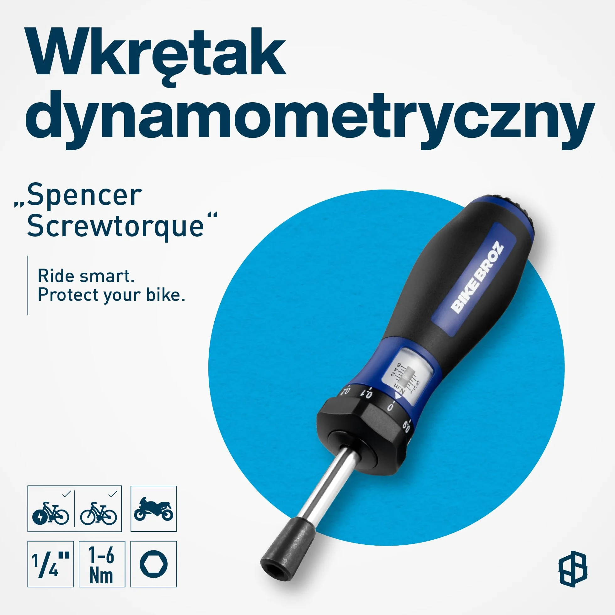 BikeBroz 81664 klucz dynamometryczny do naprawy rowerów itp. 1/4" | wkrętak dynamometryczny z uchwytem do bitów i dokręceniem w prawo 1-6 Nm | "Spencer Screwtorque" by BikeBroz | 70001