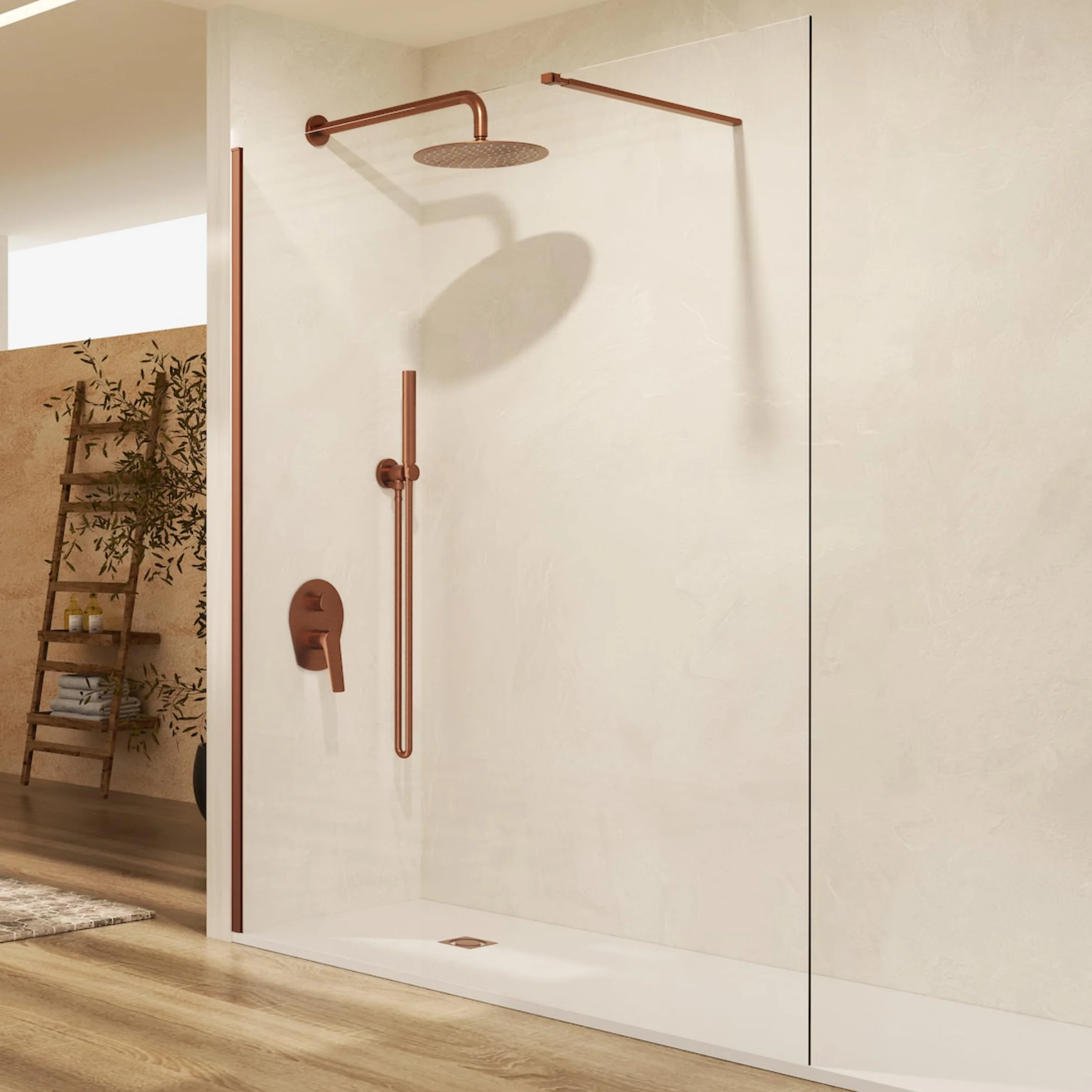 IMEX - Kabina prysznicowa ze stałym złotem w kolorze różowego złota, 80 cm, przednia z ramieniem mocującym, antykamieniowa ścianka ze szkła i profili aluminiowych o wysokości 200 cm | szkło o grubości