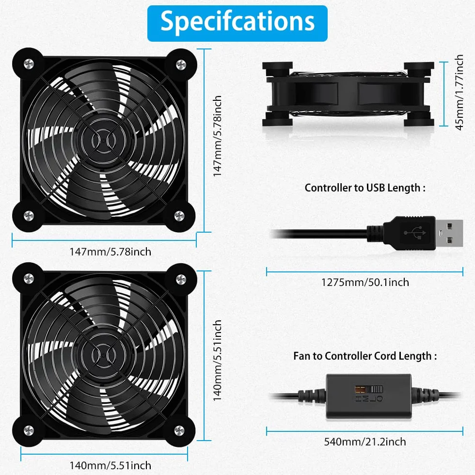 Mini USB wentylator komputerowy 140 mm Multi-Speed Redukcja ciepła 2 szt.