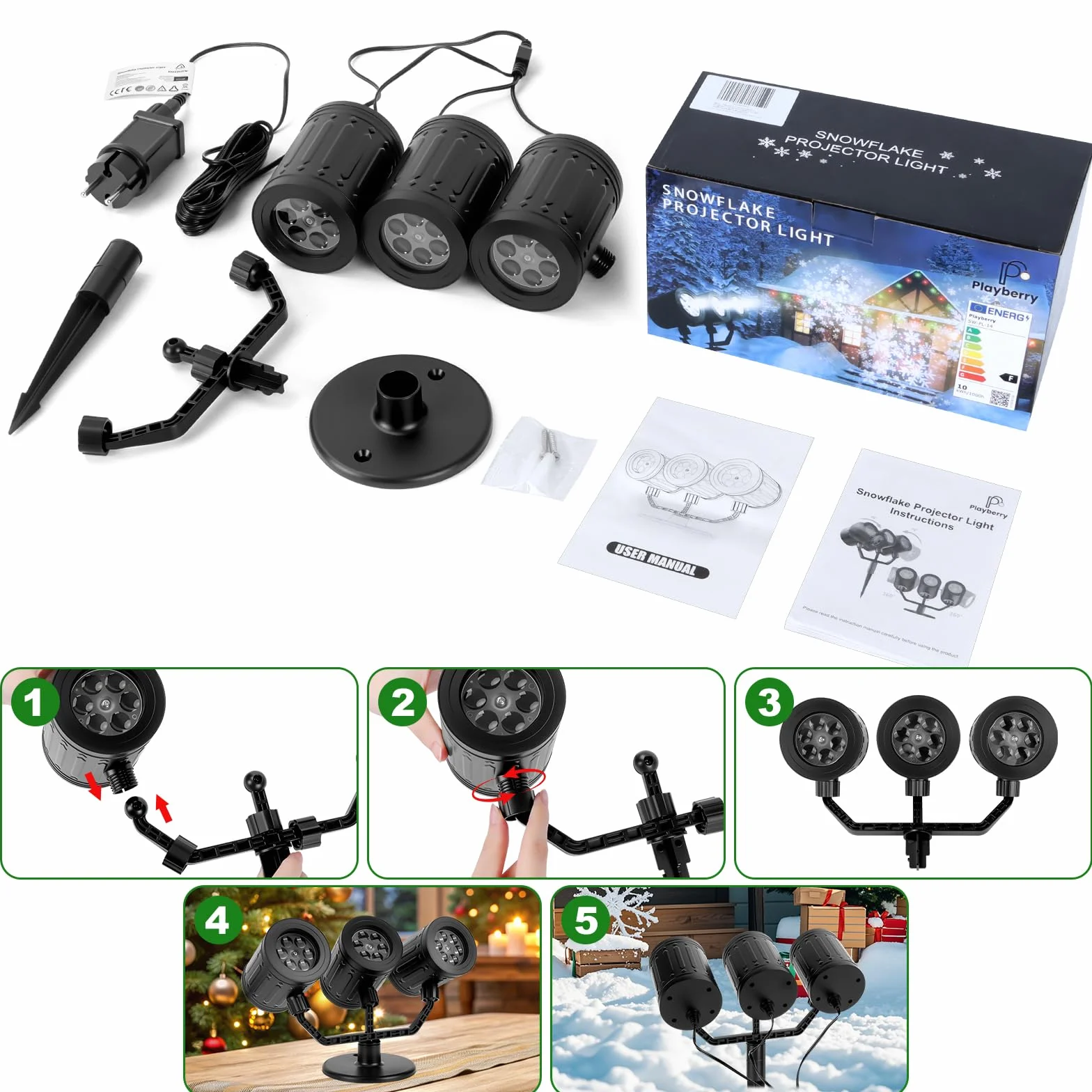 Charmofun Projektor bożonarodzeniowy na zewnątrz, 3-głowicowy, dynamiczny projektor LED w kształcie płatka śniegu, obracany o 360°, z timerem, wodoszczelny, oświetlenie bożonarodzeniowe, do ogrodu