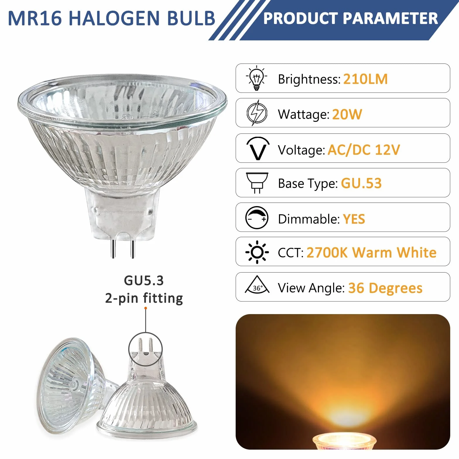 Caldarax 8 sztuk MR16 GU5.3 20W 12V reflektor halogenowy, możliwość przyciemnienia 2700K ciepła biel, 210LM, żarówka reflektorowa halogenowa, reflektor halogenowy, podstawa GU5.3 Bi-Pin, kąt świecenia