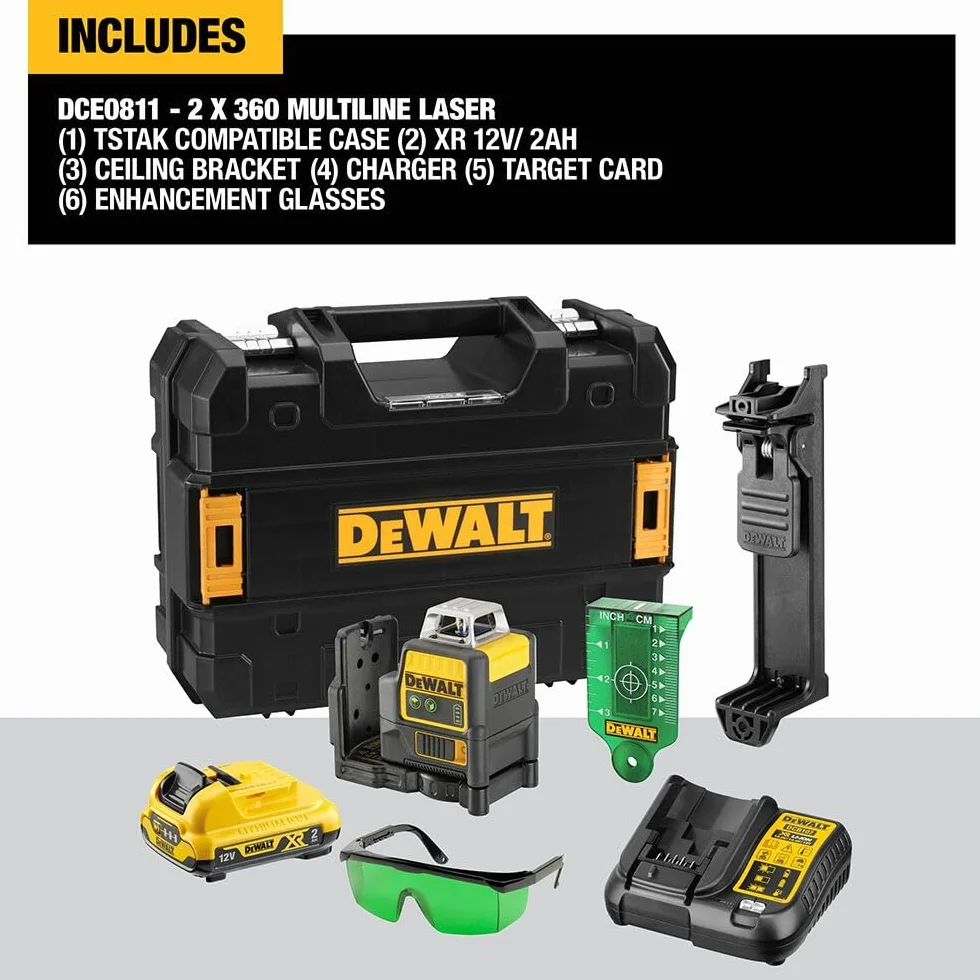Dewalt 10,8 V, 2 x 360°, zielony DCE0811D1G (samopoziomujący, poziomy i pionowy, w zestawie akumulator XR 10,8 V/2 Ah, ładowarka, uchwyt ścienny, tablica celownicza, okulary laserowe, walizka) 1