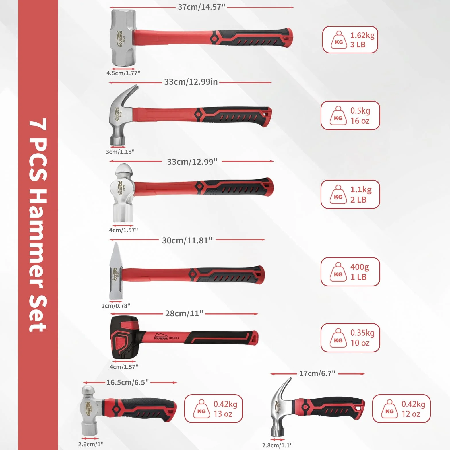 7-częściowy zestaw młotków, młotek z pazurami 680 ml, młoty z pazurami 340 ml, młotki kulkowe 370 ml, młot kulkowy 0,9 kg, młot kowalski, młot inżynierski, gumowy młotek 290 ml