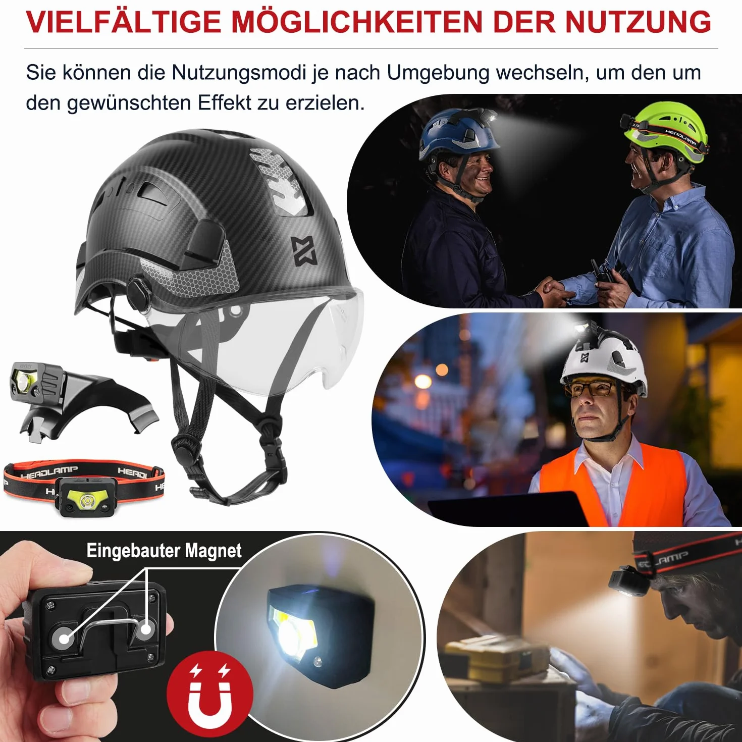 HEARMOR Kask przemysłowy dla dorosłych, kask budowlany LED, w zestawie kask ochronny ABS, certyfikat EN12492, certyfikat EN397, amortyzacja uderzeń i odporność na penetrację