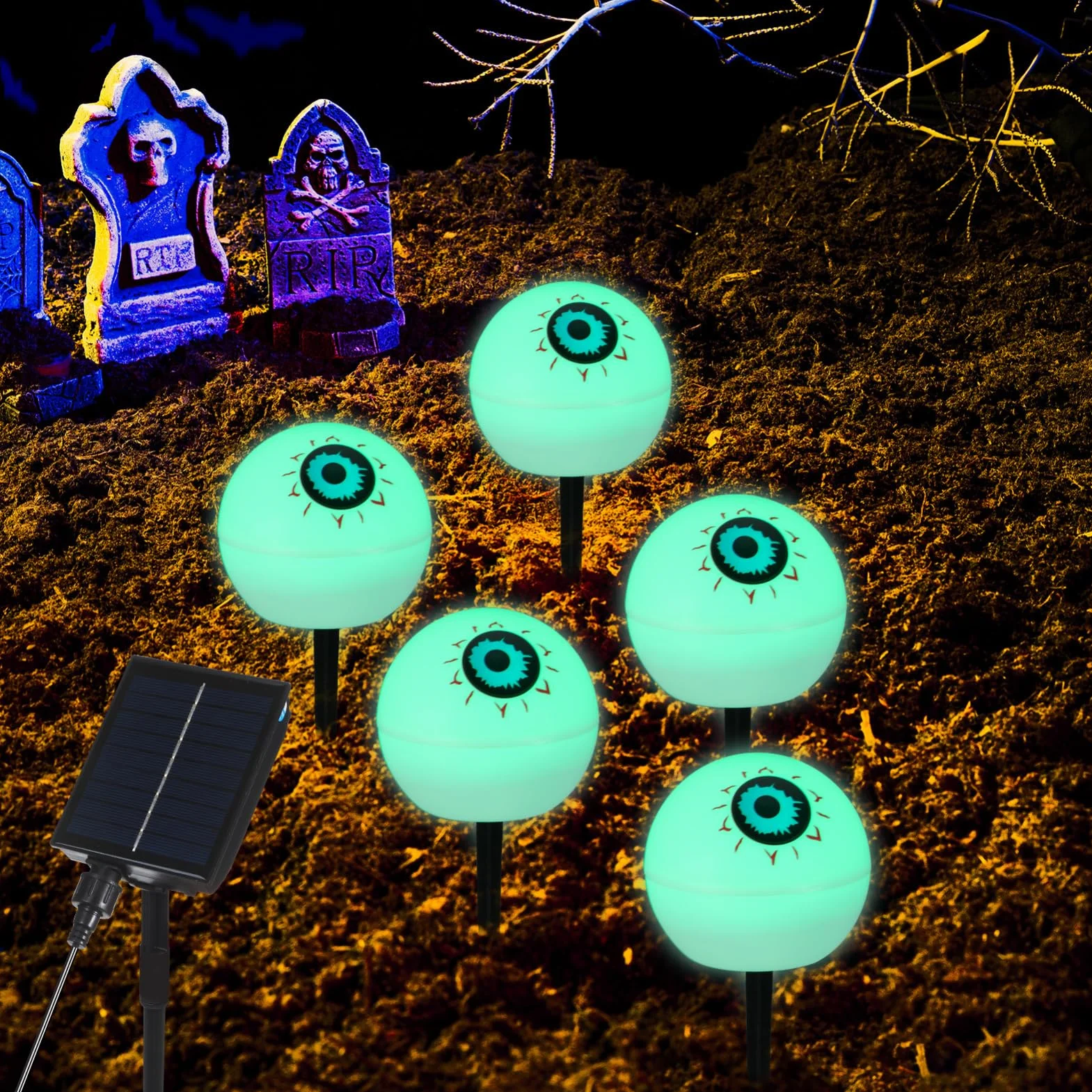 OSALADI Zestaw 5 Lamp Solarnych Na Halloween Zdalnie Sterowanych Solarnych W Kształcie Gałek Ocznych Lamp Na Halloween Do Dekoracji Ścieżek Ogrodowych Patio I Ścieżek Czerwona I Zielona