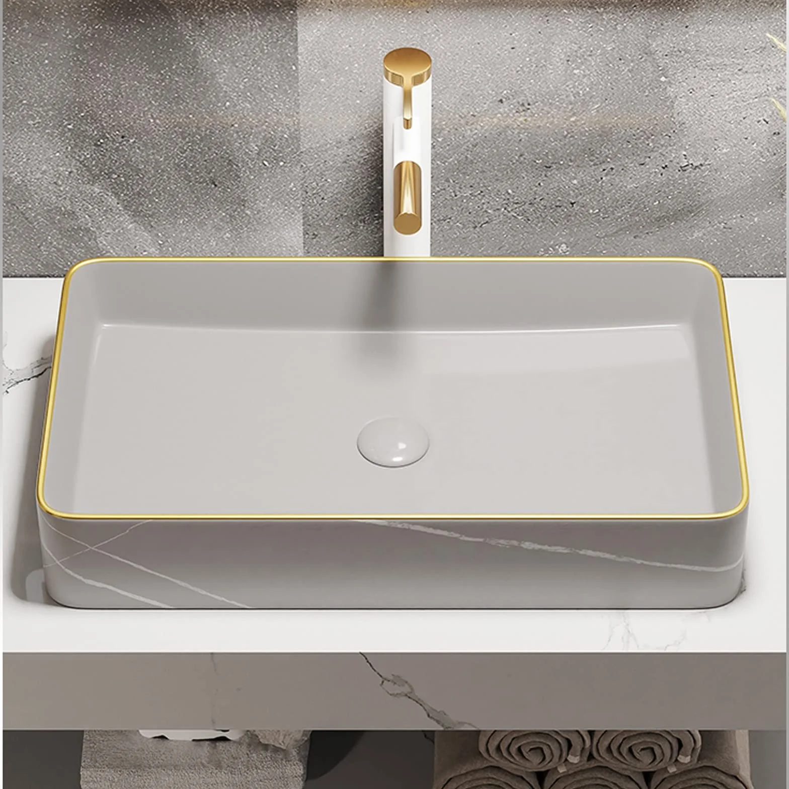 Umywalka łazienkowa Ceramiczny prostokątny zlew łazienkowy do umywalki nablatowej, do szafki, artystyczny hotel (wyskakujący odpływ i kran nie są dołączone) blat (szary)