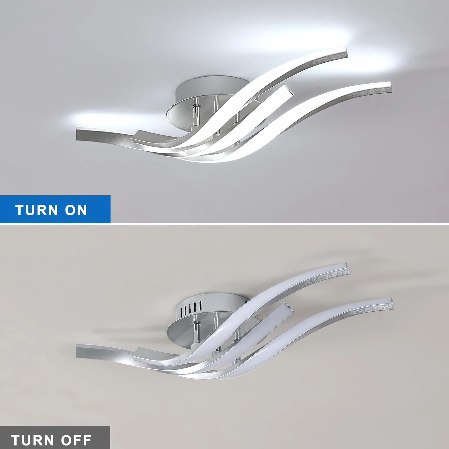 Dorlink Nowoczesna lampa sufitowa LED, 6500K zimna biel żyrandole kuchenne, 24 W 1920 lm żyrandol LED do sypialni, 4 lampy sufitowe zakrzywione fale, żyrandol do salonu, Ø52 cm
