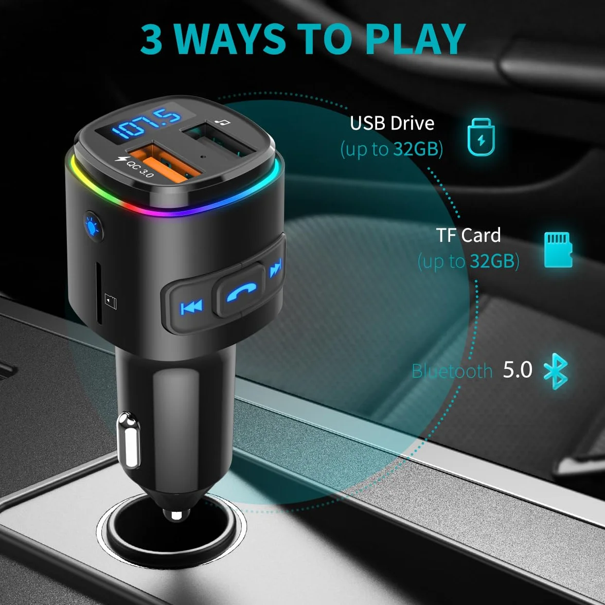 ORIA nadajnik FM Bluetooth samochodowy z QC 3.0 USB, obsługa USB/TF, czarny