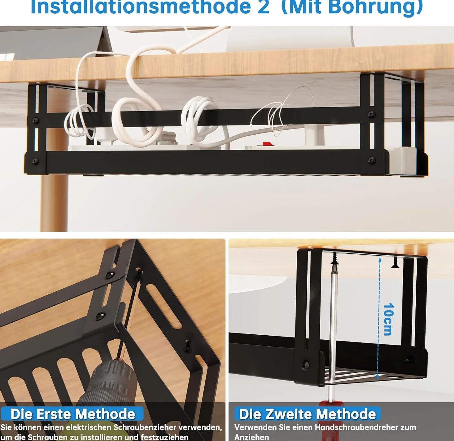 PAVSTINE Organizator kabli pod biurkiem zestaw 2 szt., Kanał kablowy bez wiercenia, Kanał kablowy do biurka do zarządzania kablami, Taca kablowa, Organizer kabli na biurko, Kosz na kable Czarny | Zarządzanie kablami pod biurkiem ze stali węglowej, czarna