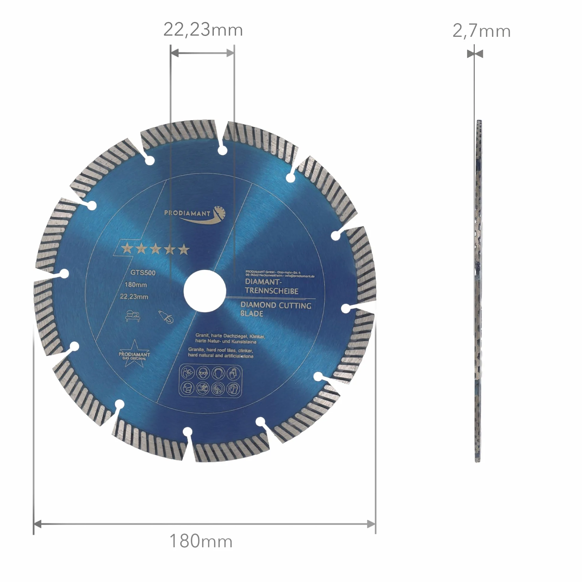 PRODIAMANT profesjonalna diamentowa tarcza do cięcia granitu FASTCUT 180 mm x 22,23 mm diamentowa tarcza tnąca 180 mm do bardzo twardych materiałów budowlanych, takich jak piaskowiec wapienny