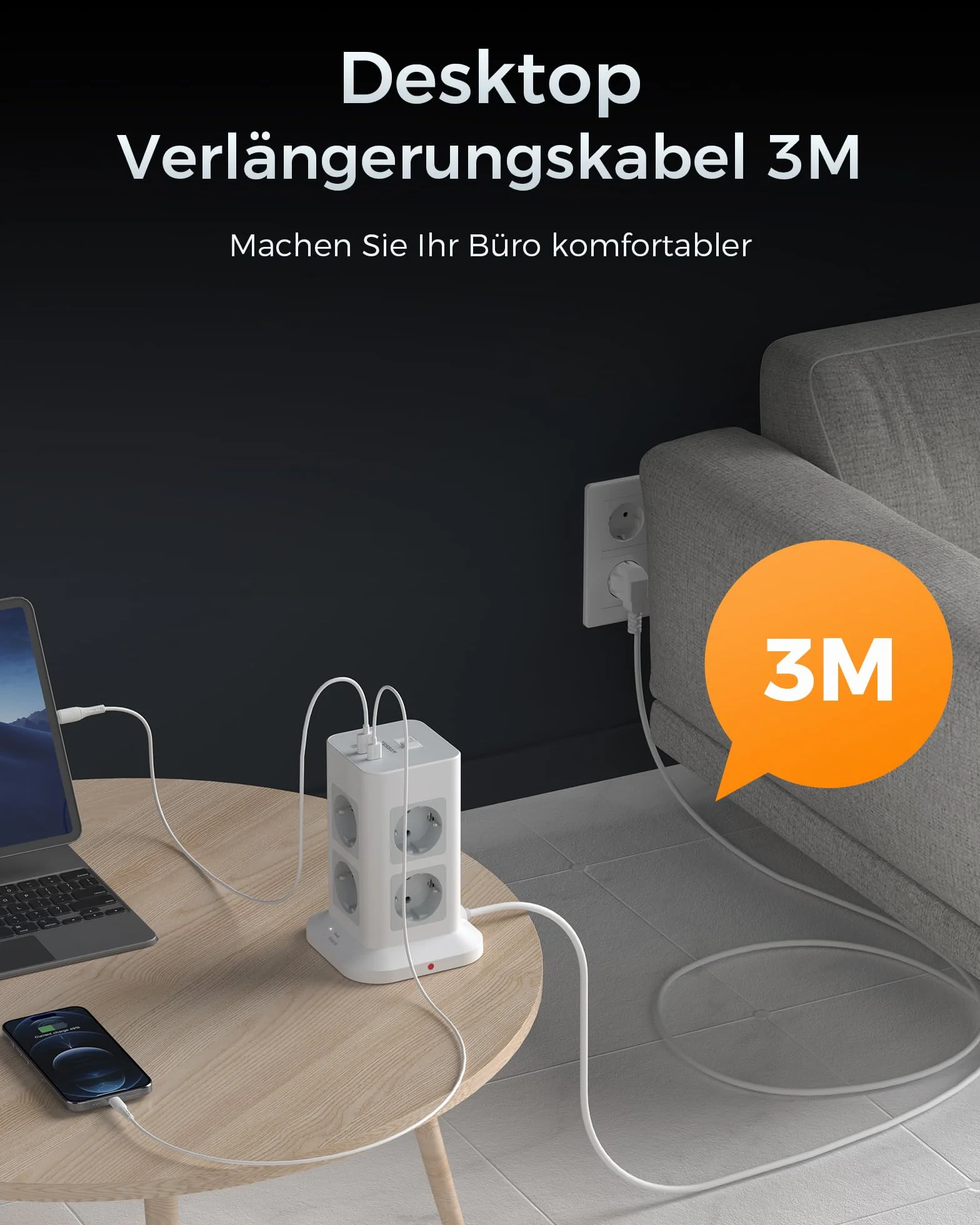 TESSAN Wieżowa listwa zasilająca z 8 gniazdami, przeciwprzepięciowe, 2 portami USB A i 1 USB C gniazdo wtykowe, listwa sieciowa z wyłącznikiem i przedłużaczm 3 metry, 3600W, szaro biały