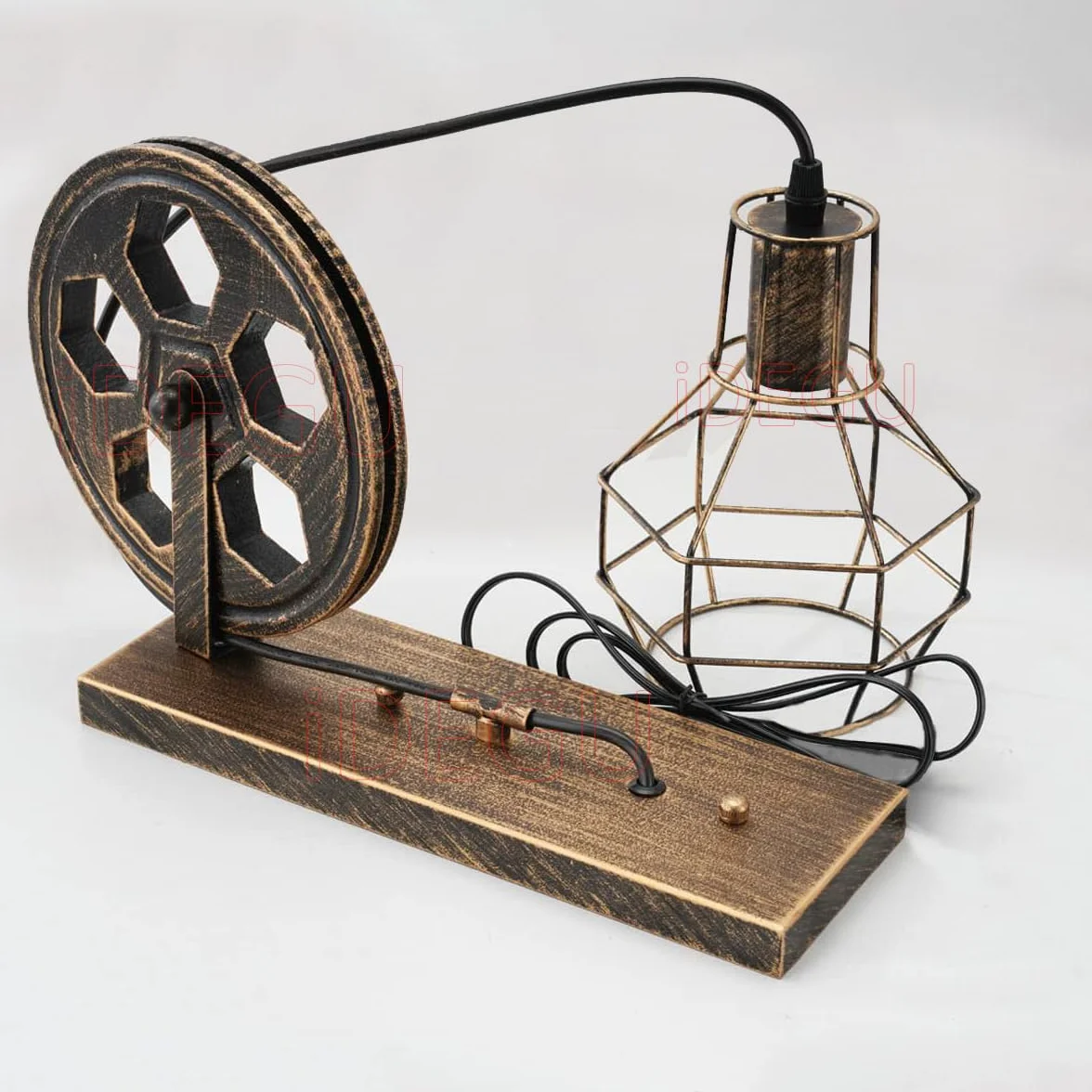 iDEGU 2 sztuki przemysłowych lamp ściennych, w stylu vintage, z koła pasowego, lampa retro z metalu i drewna, lampa wisząca do sypialni, salonu, restauracji, kawiarni, baru, korytarza, brązu
