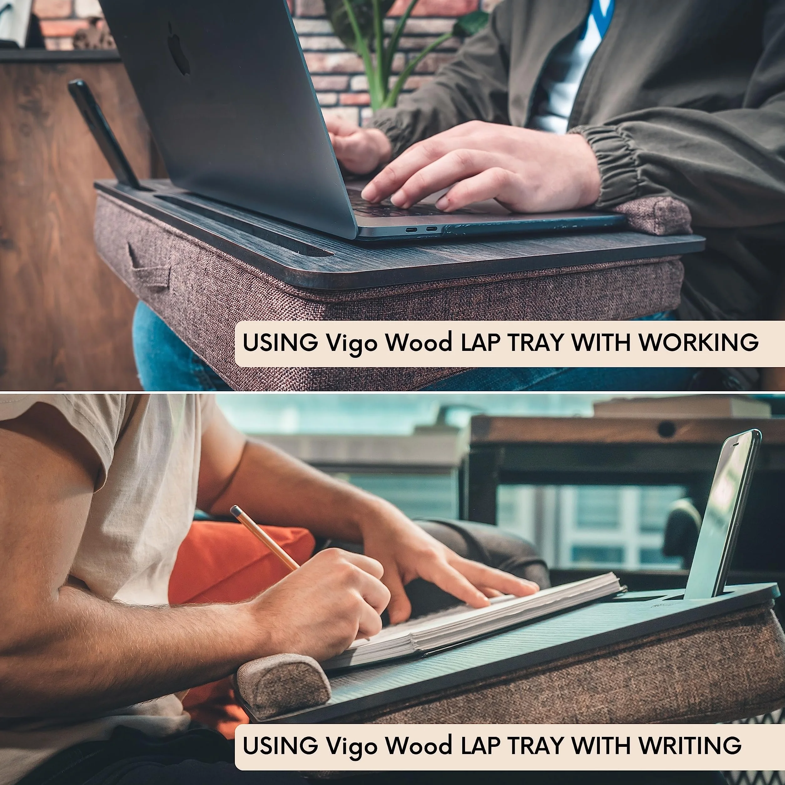 Vigo Wood Drewniane Biurko na Laptopa z Poduszką, Pasuje do 17,3", Przenośny Stolik z Uchwytami na Tablet i Telefon