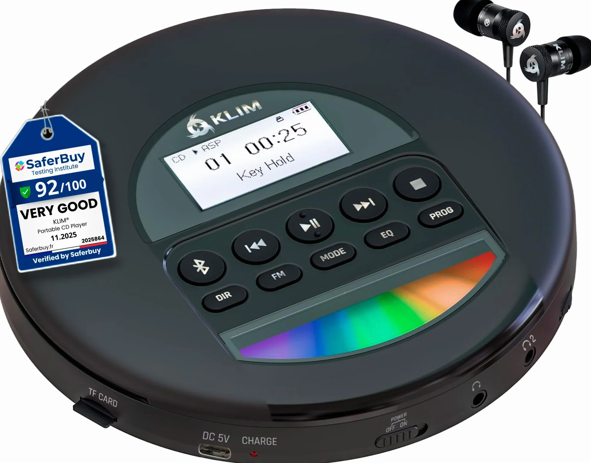 KLIM Nomad - Nowość - Przenośny odtwarzacz CD - Wbudowana bateria o długiej żywotności - ze słuchawkami - Kompatybilny z CD-R, CD-RW, MP3 - Bluetooth odtwarzacz CD do samochodu, domu, na zewnątrz,
