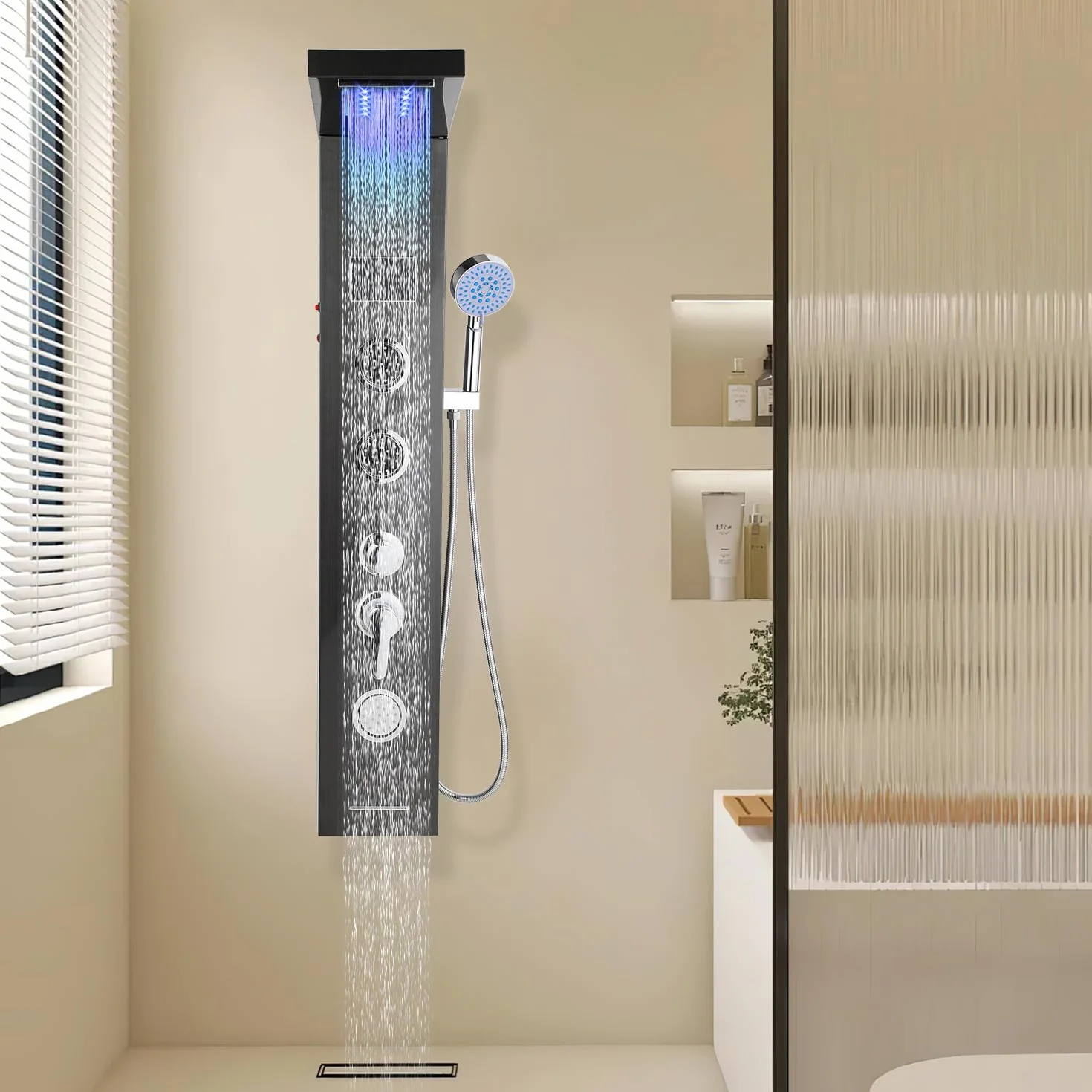 Panel prysznicowy, 5 funkcji kolumny prysznicowej, system paneli prysznicowych ze stali nierdzewnej z armaturą, system deszczownicy ze wskaźnikiem temperatury LED, regulowane dysze do masażu