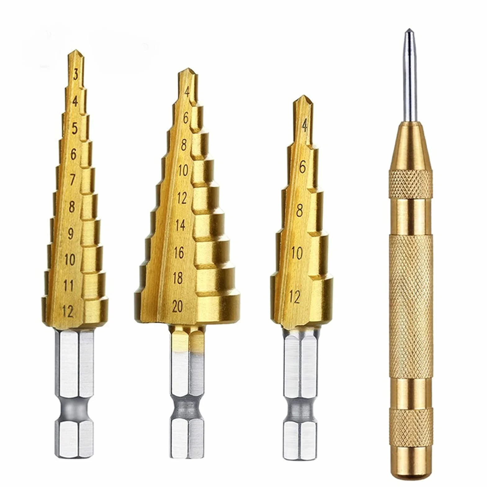 Wiertła do cięcia ze stali HSS T-itanium wiertło stopniowe 3-12mm 4-12mm 4-20mm stopniowe narzędzia do cięcia stożkowego zestaw wierteł metalowych do obróbki drewna drewno (kolor: 4 32mm) (centralny