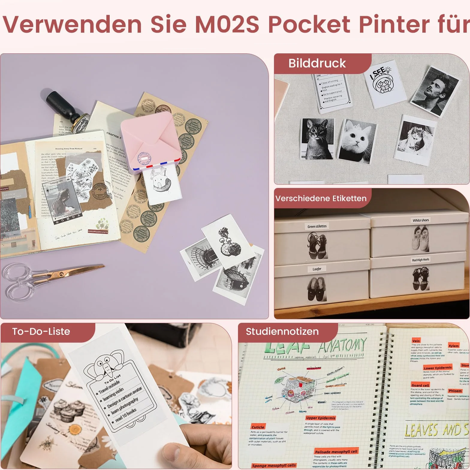 Mini Drukarka Termiczna Bluetooth M02S, Drukarka Fotograficzna do Smartfona, Kieszonkowa